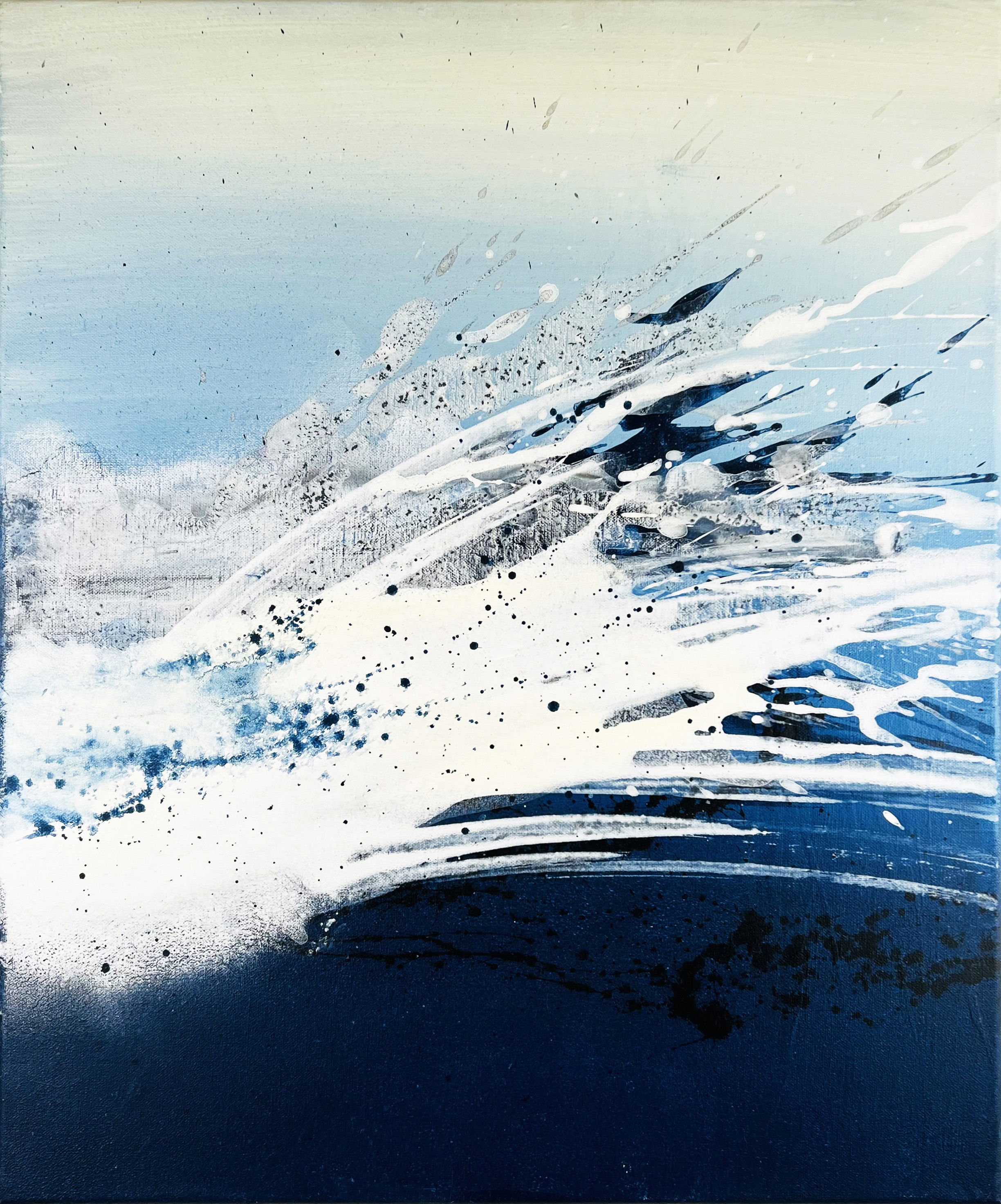 Abstract acrylic on canvas depicting dynamic, fluid blue and white splashes, embodying movement, intensity, and the rhythmic surge of oceanic waves. Artwork style is Abstrakt and technique Acryl auf Leinwand.