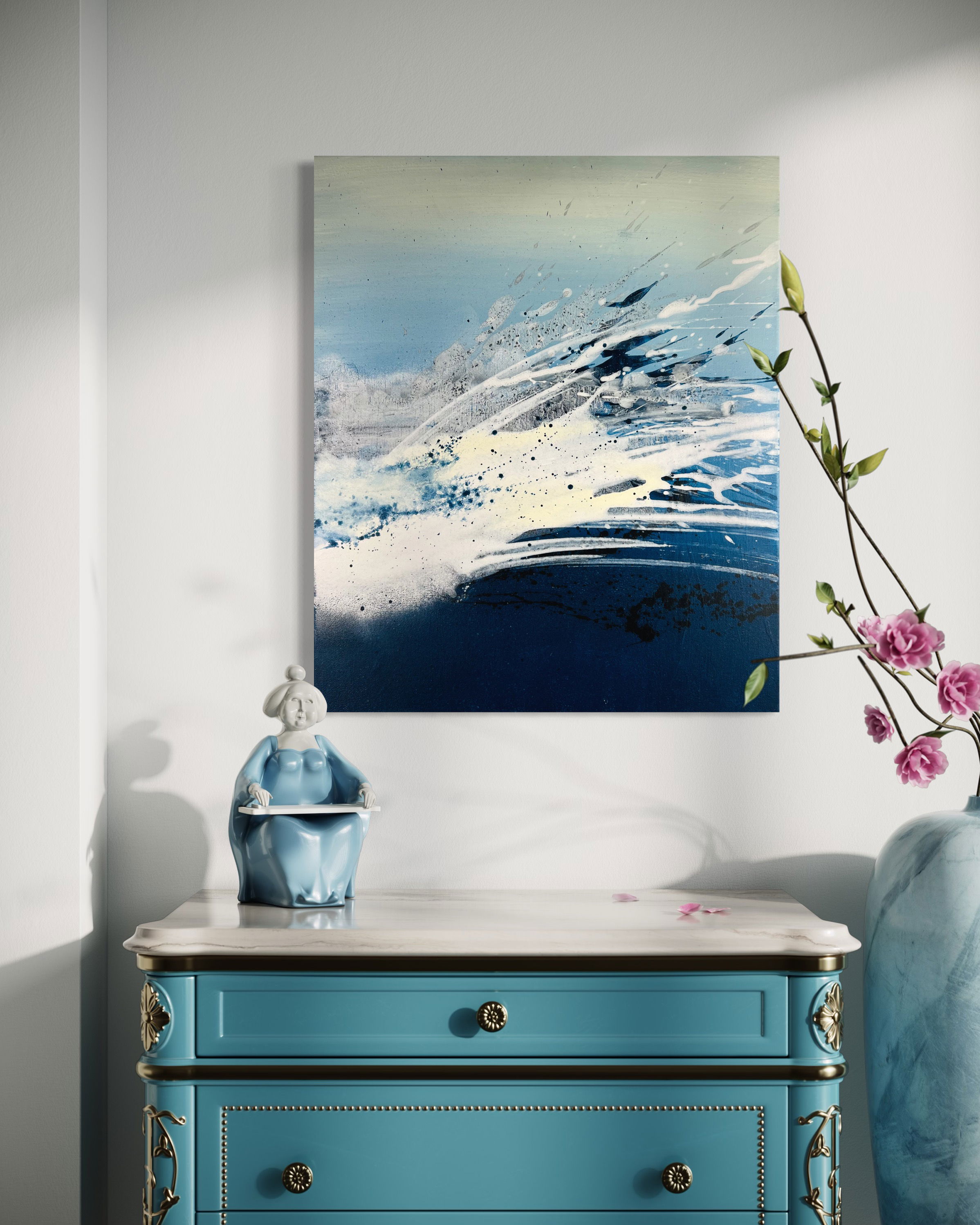 Abstract acrylic on canvas with splashes of blue and white, capturing fluidity and movement with dynamic contrast and swirling patterns, evoking a sense of endless motion. Artwork style is Abstrakt and technique Acryl auf Leinwand.