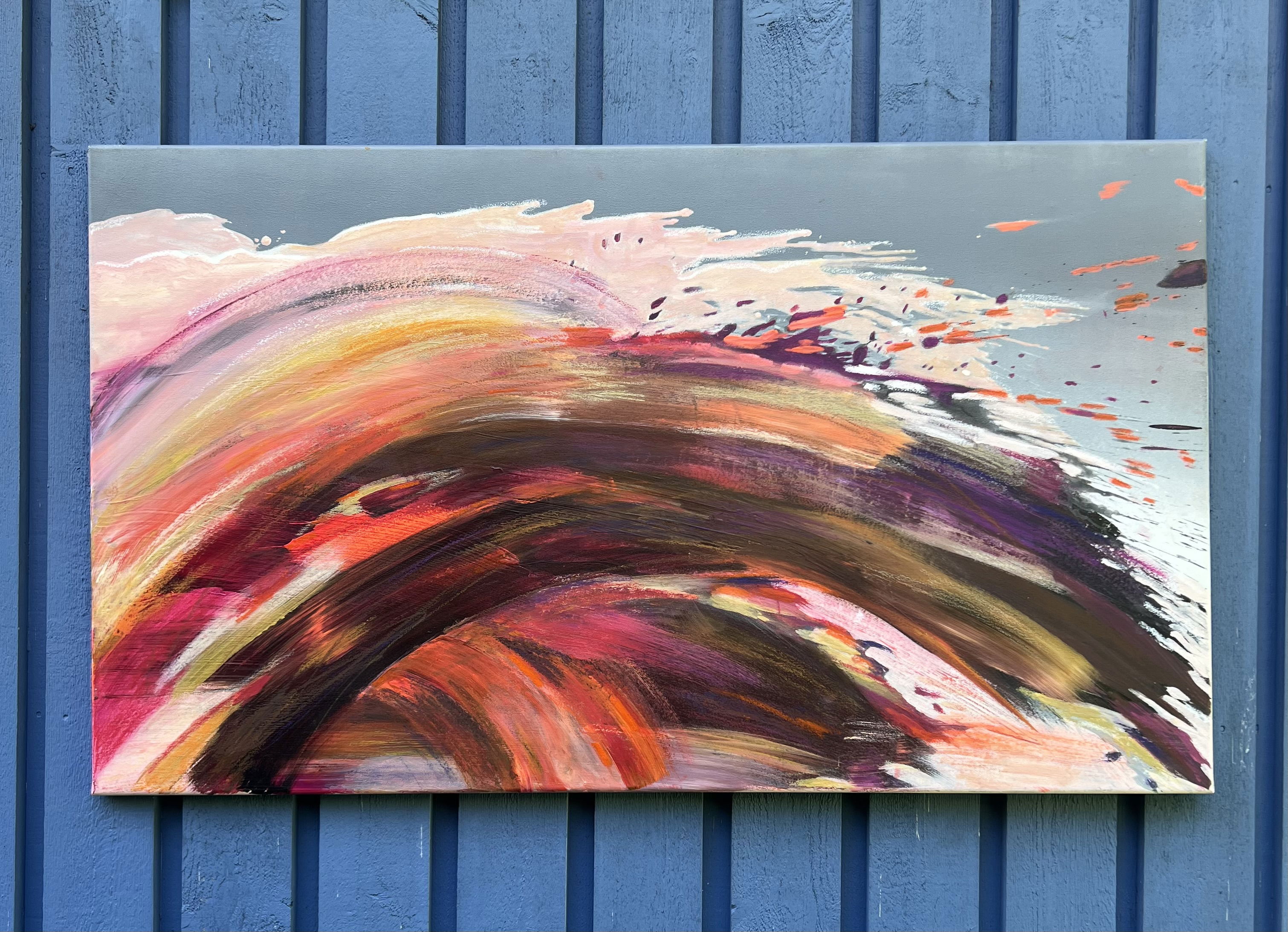 Abstract acrylic and oil pastel artwork on canvas, vibrant swirling reds, oranges, pinks, with dynamic brushstrokes and energy. Acryl, Ölpastell auf Leinwand style, Abstrakt.