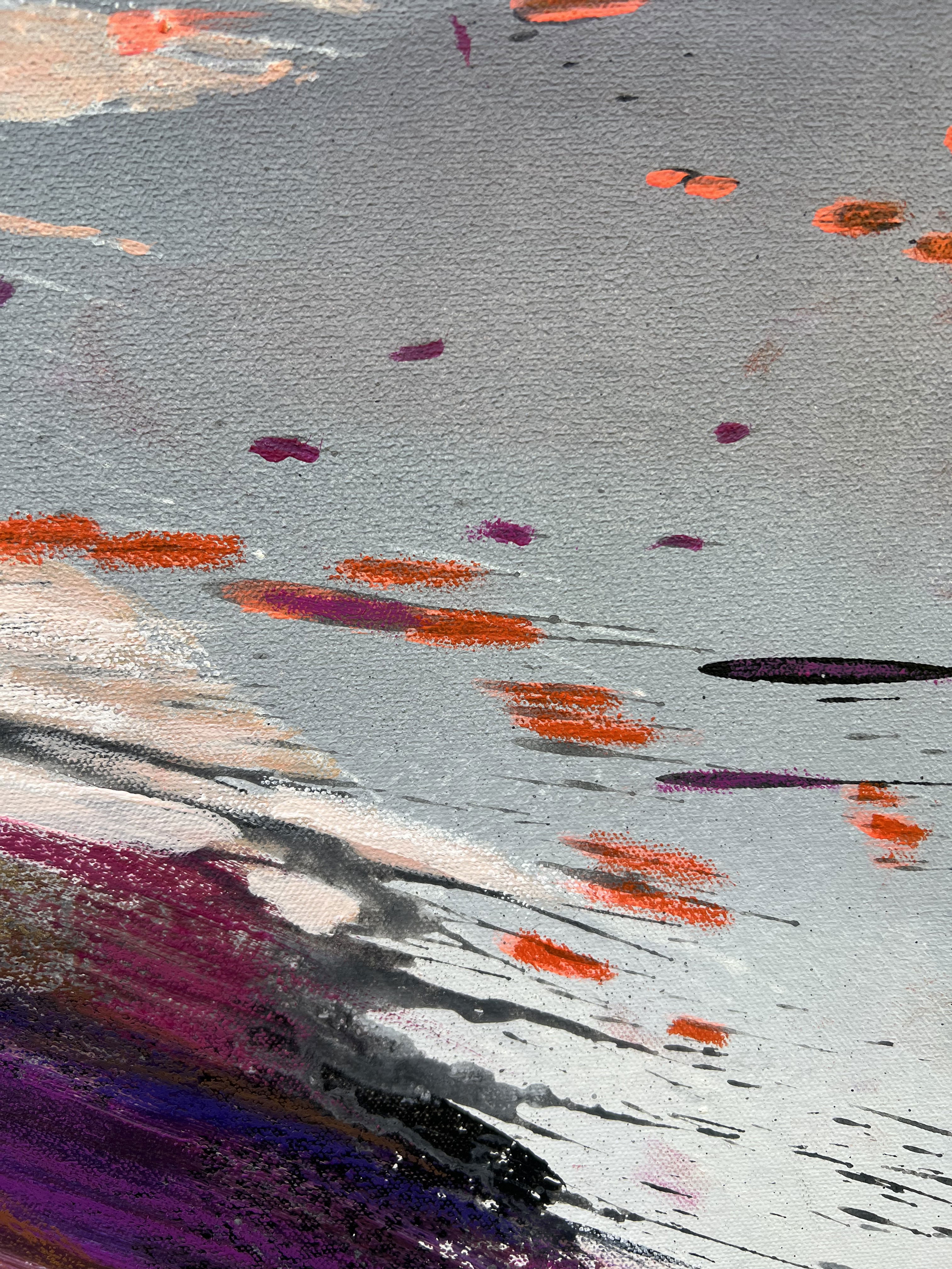 Abstract acrylic and oil pastel on canvas; swirling vibrant red, orange, and purple brushstrokes evoke dynamic energy and motion. Acryl, Ölpastell auf Leinwand style, Abstrakt.