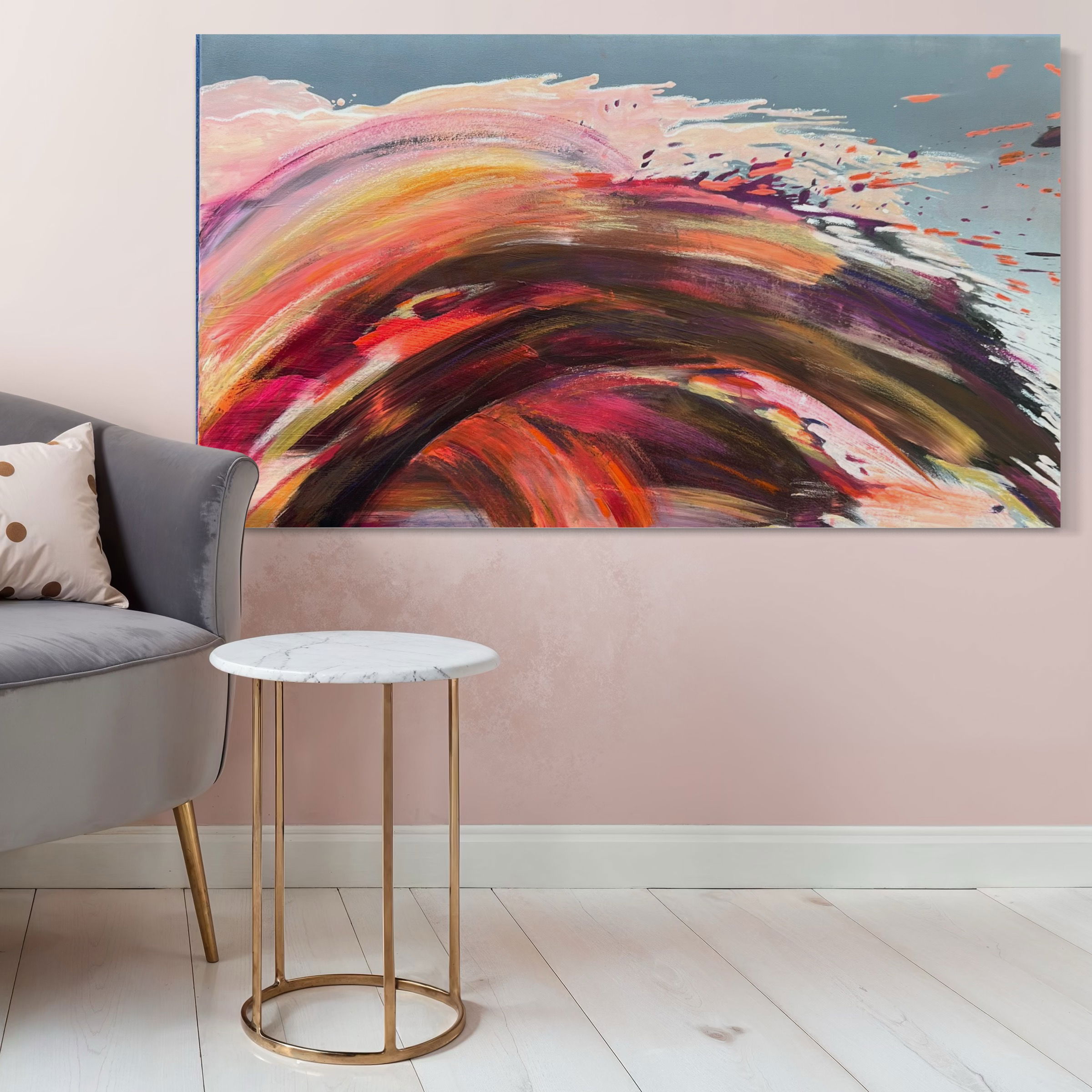 Abstract acrylic and oil pastel painting on canvas, featuring vibrant waves of red, orange, pink, and purple hues in dynamic swirls. Acryl, Ölpastell auf Leinwand style, Abstrakt.