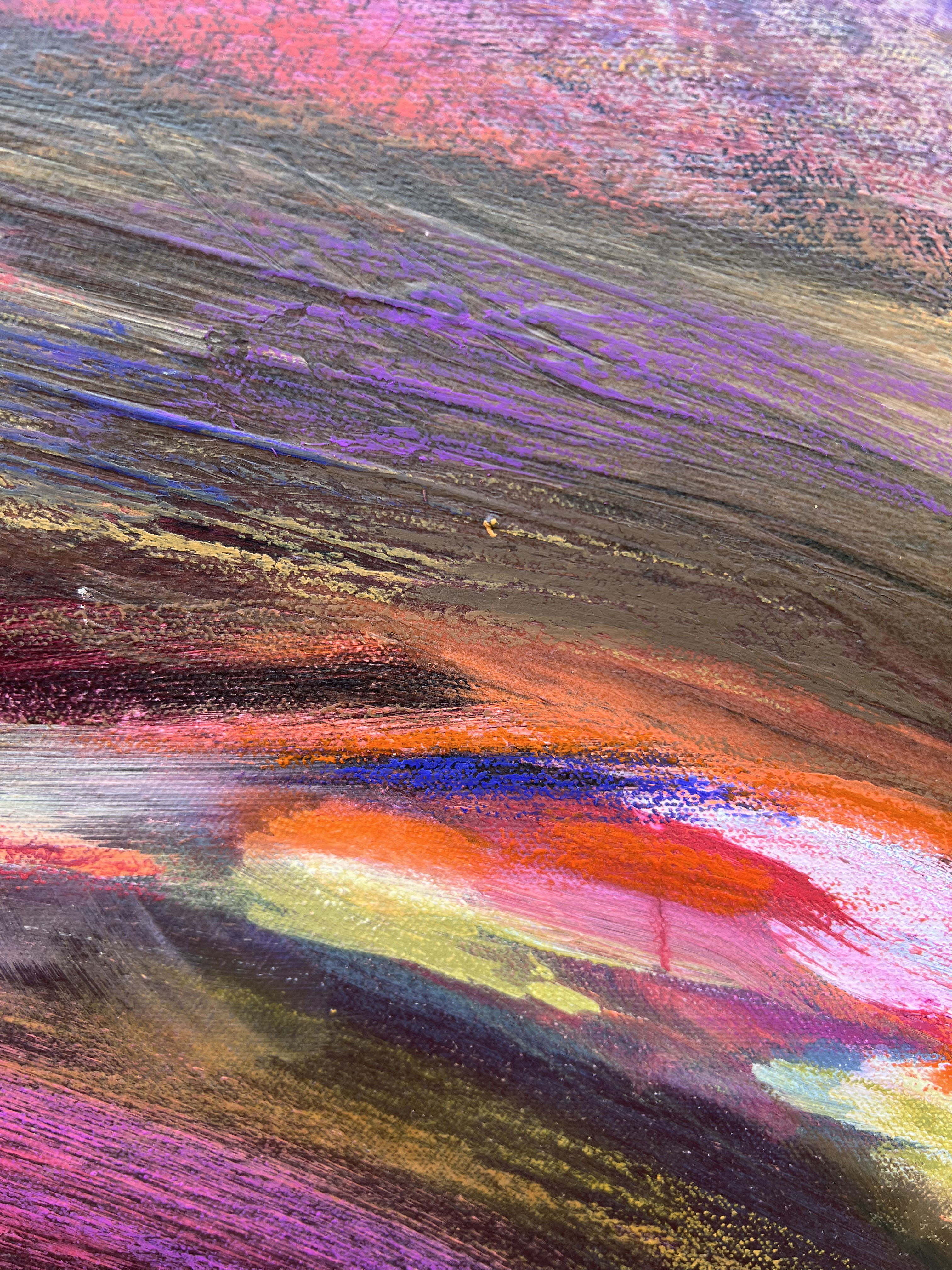 Dynamic abstract acrylic and oil pastel painting on canvas, with vibrant swirls and layers of red, pink, and purple brushstrokes. Acryl, Ölpastell auf Leinwand style, Abstrakt.