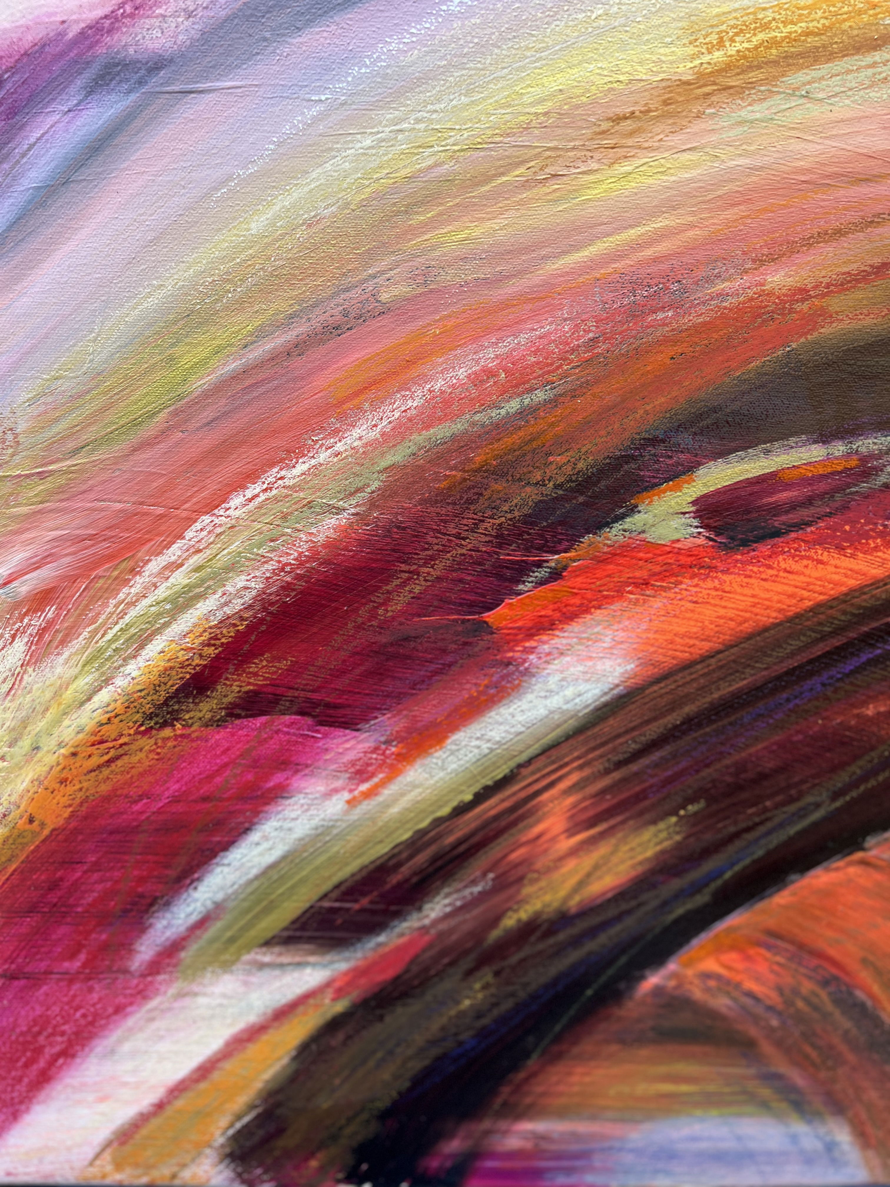 Abstract acrylic and oil pastel canvas artwork with vibrant red, orange, and pink swirls, dynamic brushstrokes, and energetic texture. Acryl, Ölpastell auf Leinwand style, Abstrakt.