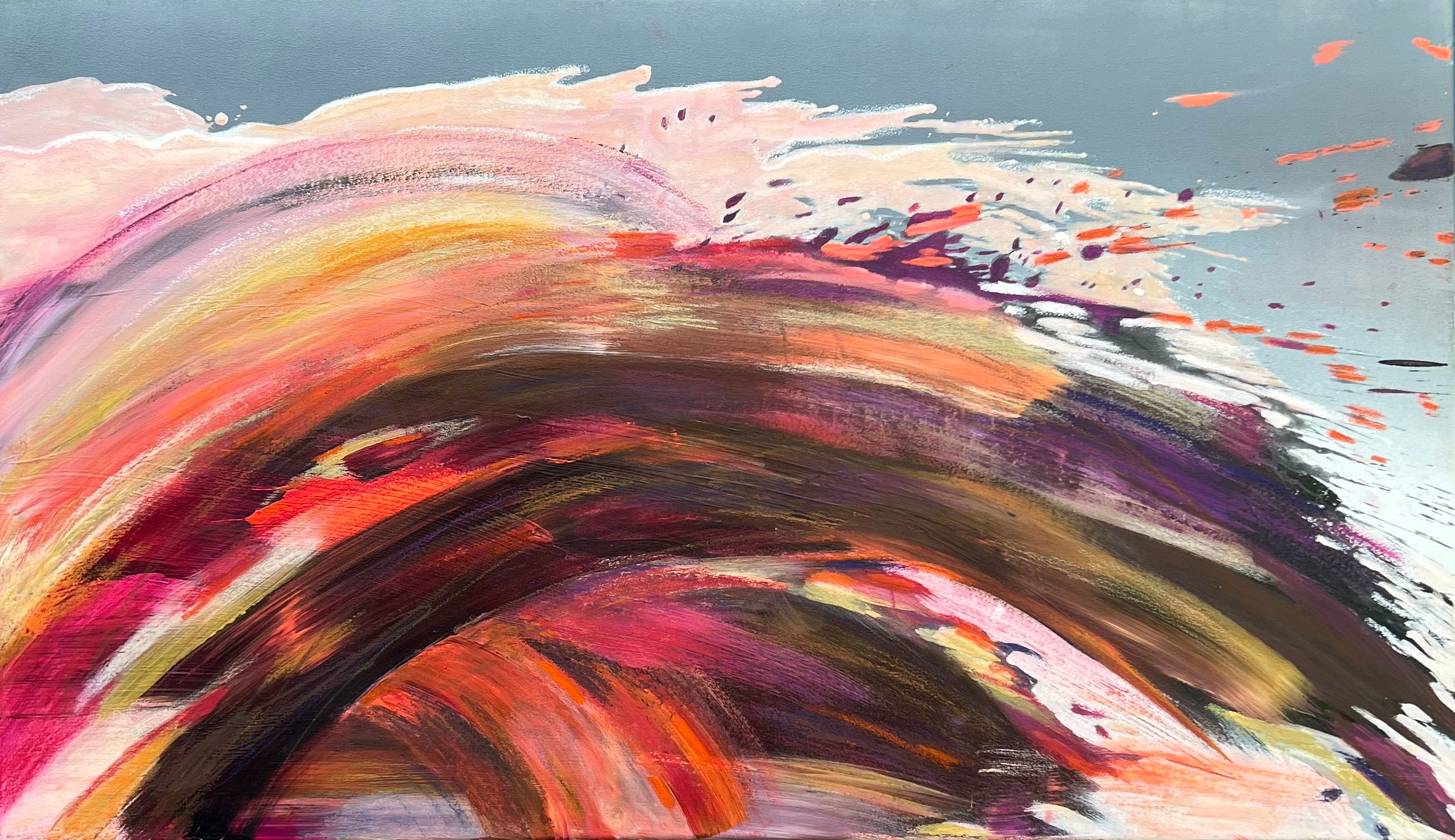 Abstract canvas artwork in vibrant red, orange, pink, and purple acrylics and oil pastels, creating dynamic, energy-filled swirls. Acryl, Ölpastell auf Leinwand style, Abstrakt.