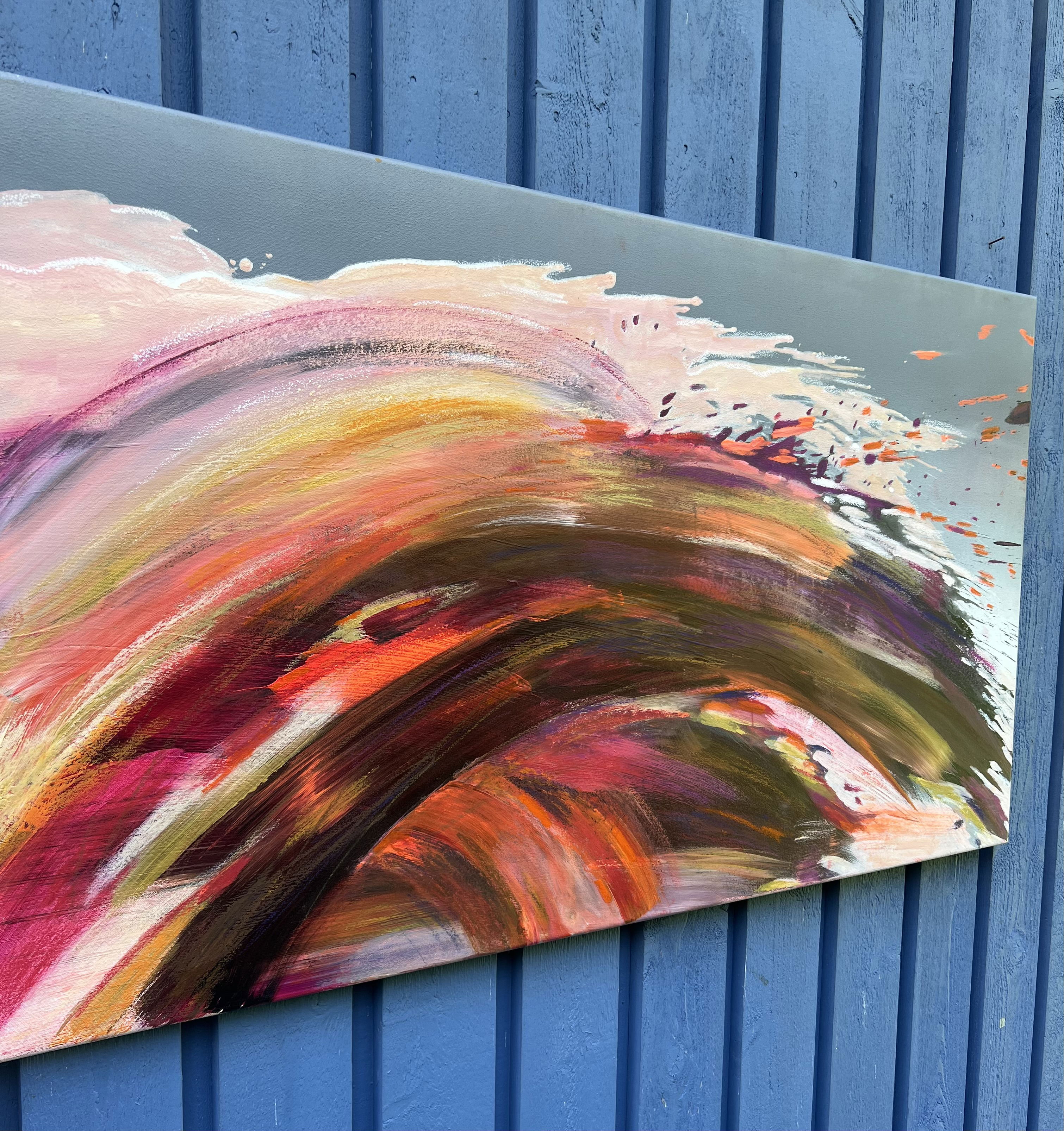 Abstract acrylic and oil pastel canvas; dynamic swirl of vibrant reds, oranges, and purples evoke movement and expression. Acryl, Ölpastell auf Leinwand style, Abstrakt.