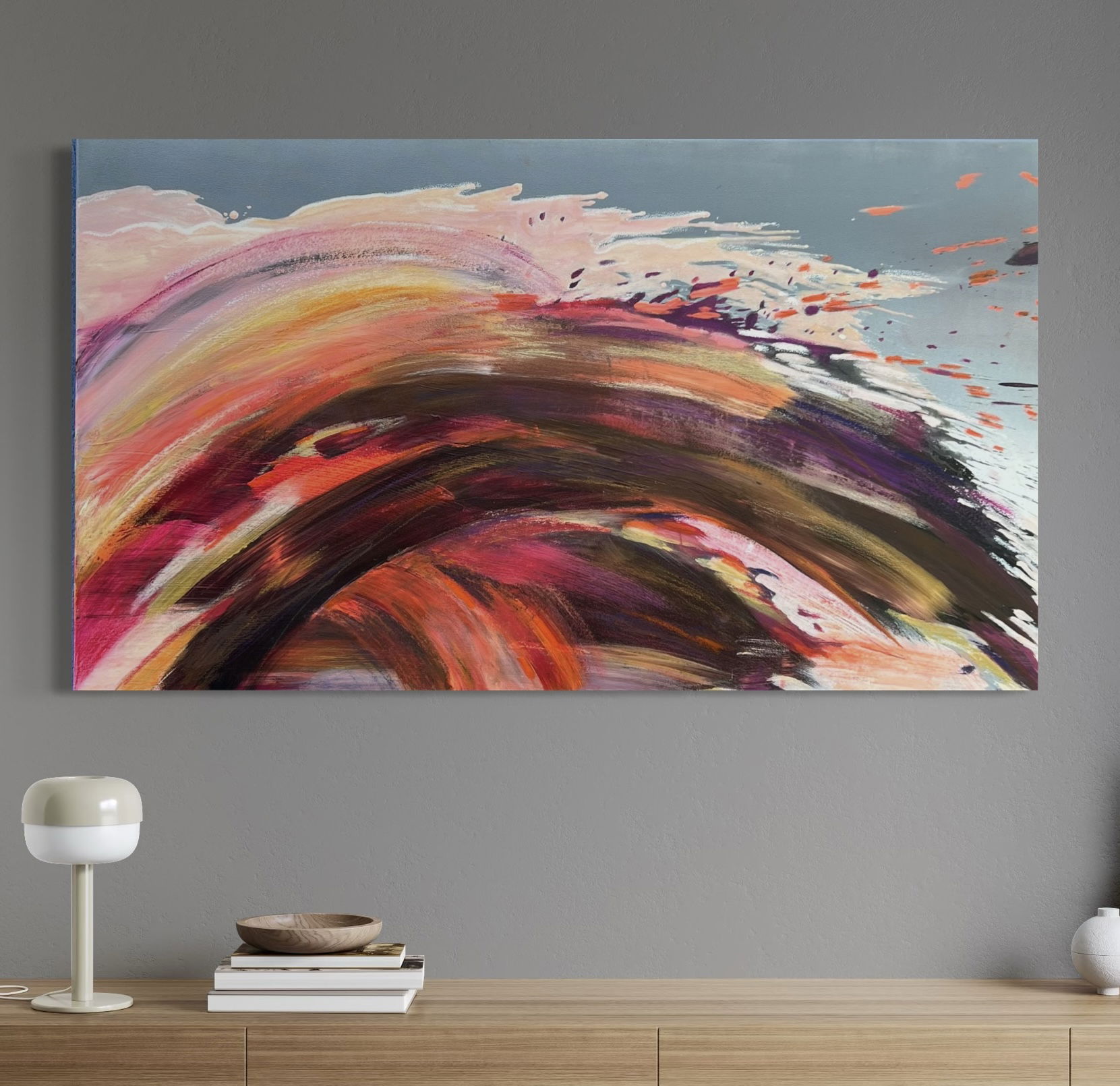 Abstract acrylic and oil pastel on canvas, vibrant swirls of red, orange, and pink create dynamic waves of energy and expressionism. Acryl, Ölpastell auf Leinwand style, Abstrakt.
