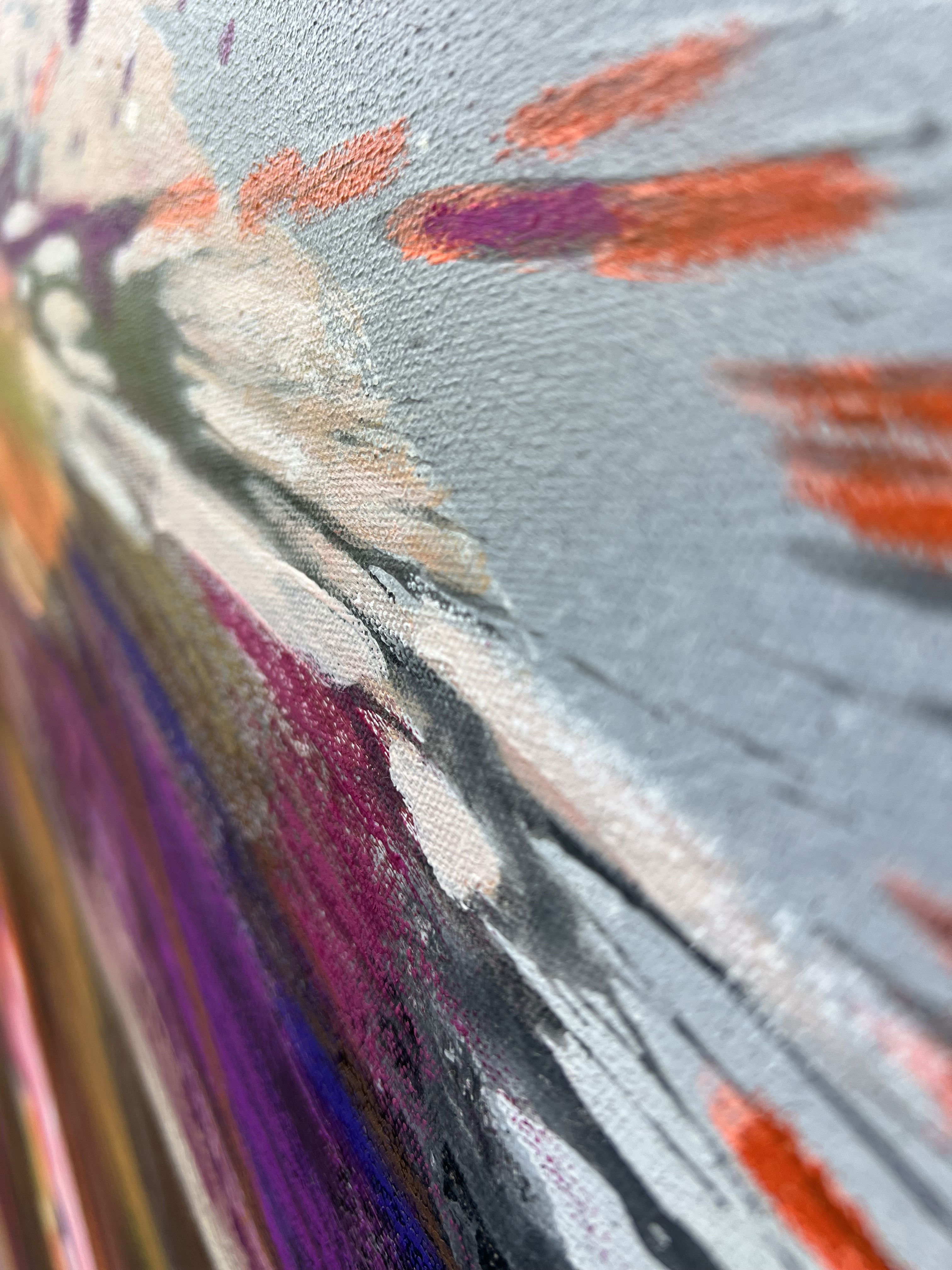 Abstract expressionism artwork in acrylic and oil pastel with vibrant color waves, dynamic brushstrokes and swirling energy. Acryl, Ölpastell auf Leinwand style, Abstrakt.