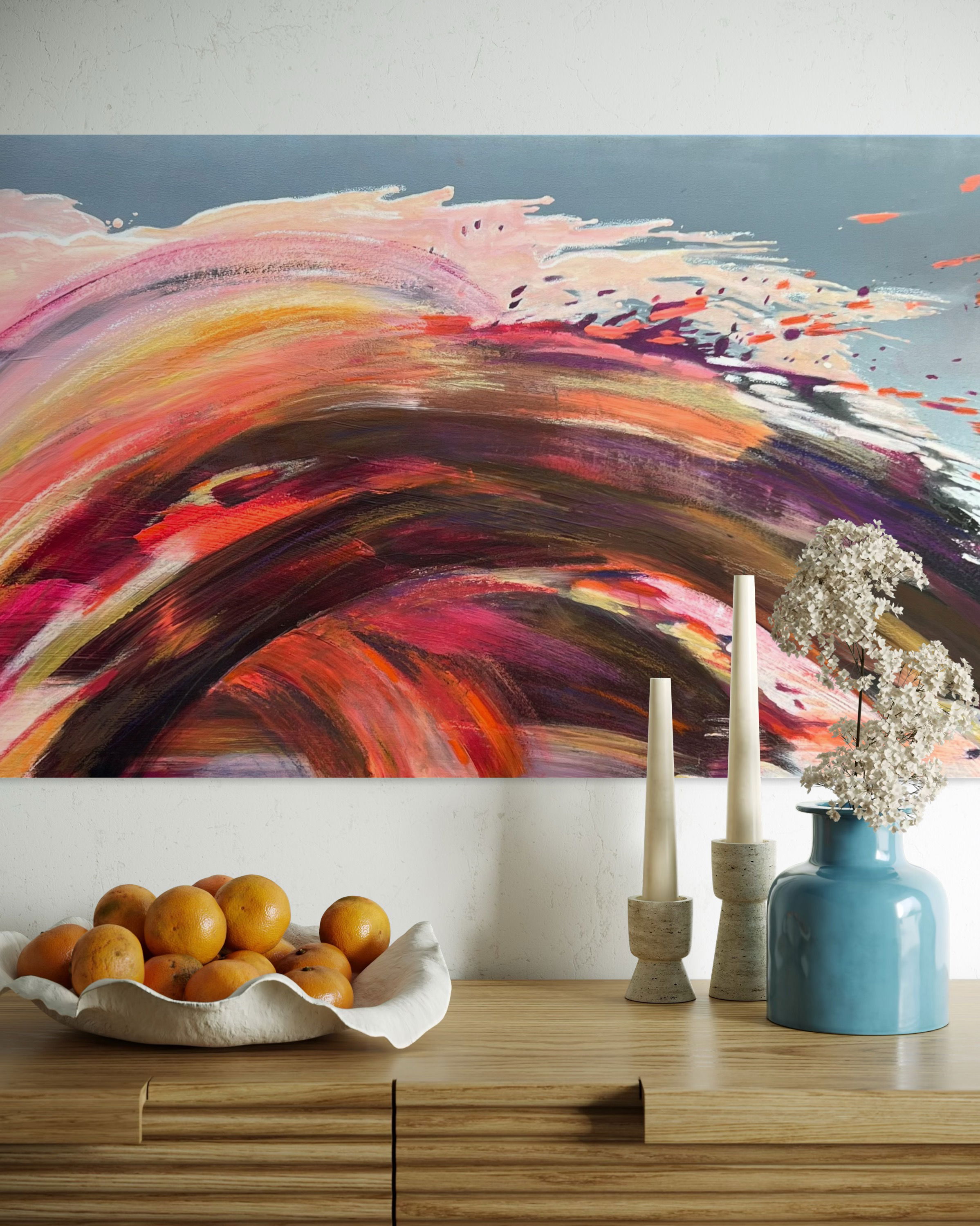 Vibrant abstract acrylic and oil pastel artwork with swirling red, orange, and pink hues, evoking dynamic movement and energy. Acryl, Ölpastell auf Leinwand style, Abstrakt.