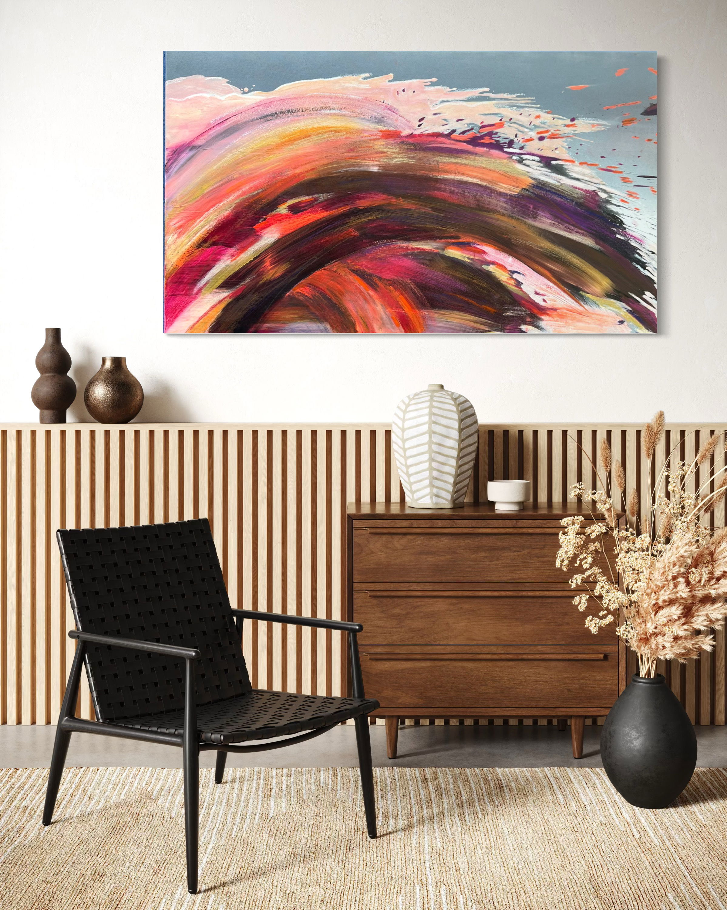 Acrylic and oil pastel canvas artwork features vibrant abstract swirls in red, orange, pink, and purple, full of dynamic energy. Acryl, Ölpastell auf Leinwand style, Abstrakt.