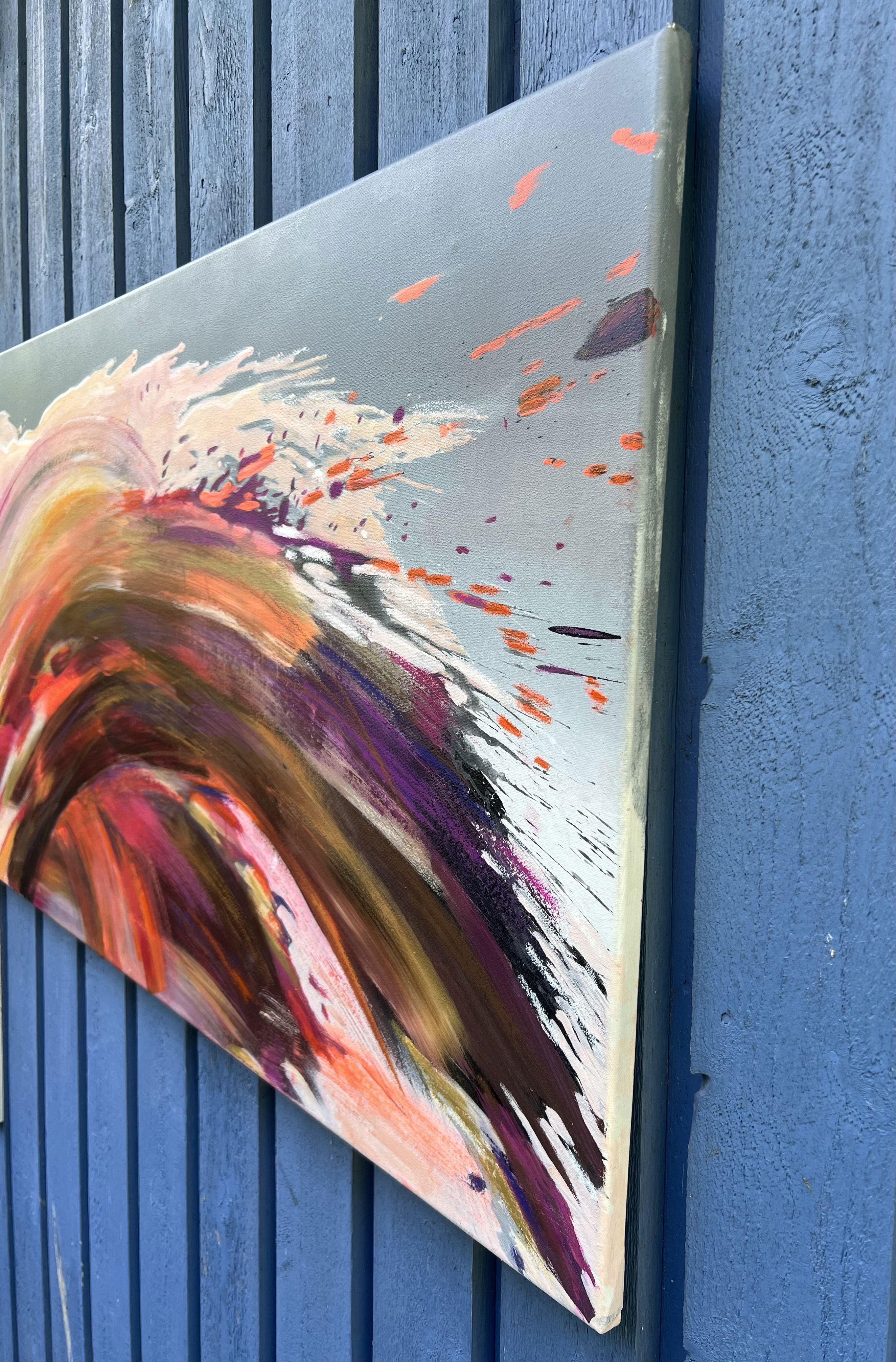 Abstract acrylic and oil pastel painting on canvas featuring vibrant swirls of red, orange, pink, and purple, evoking dynamic movement. Acryl, Ölpastell auf Leinwand style, Abstrakt.