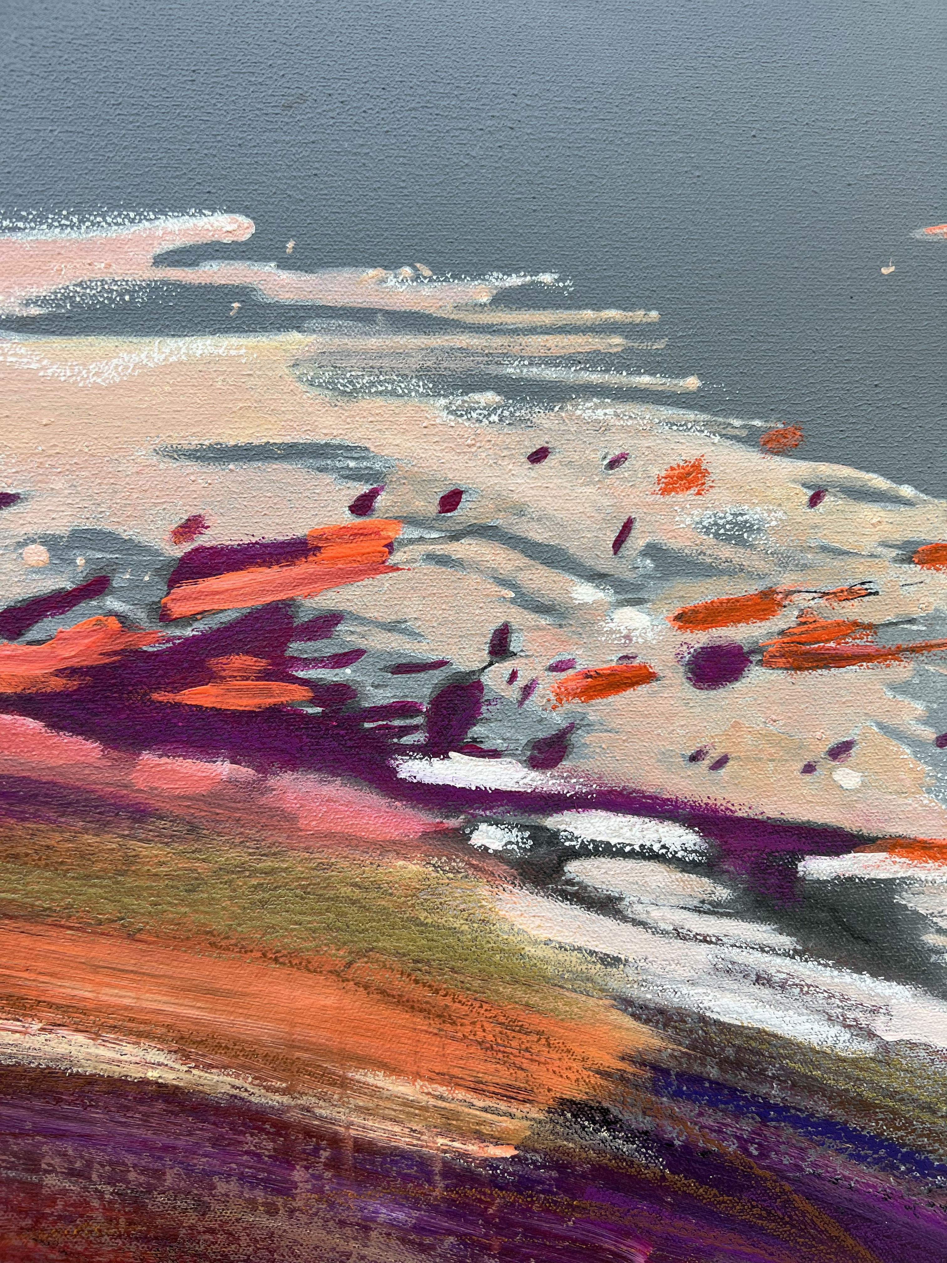 Abstract acrylic and oil pastel painting on canvas, featuring vibrant swirling colors in red, orange, and purple, with dynamic energy. Acryl, Ölpastell auf Leinwand style, Abstrakt.