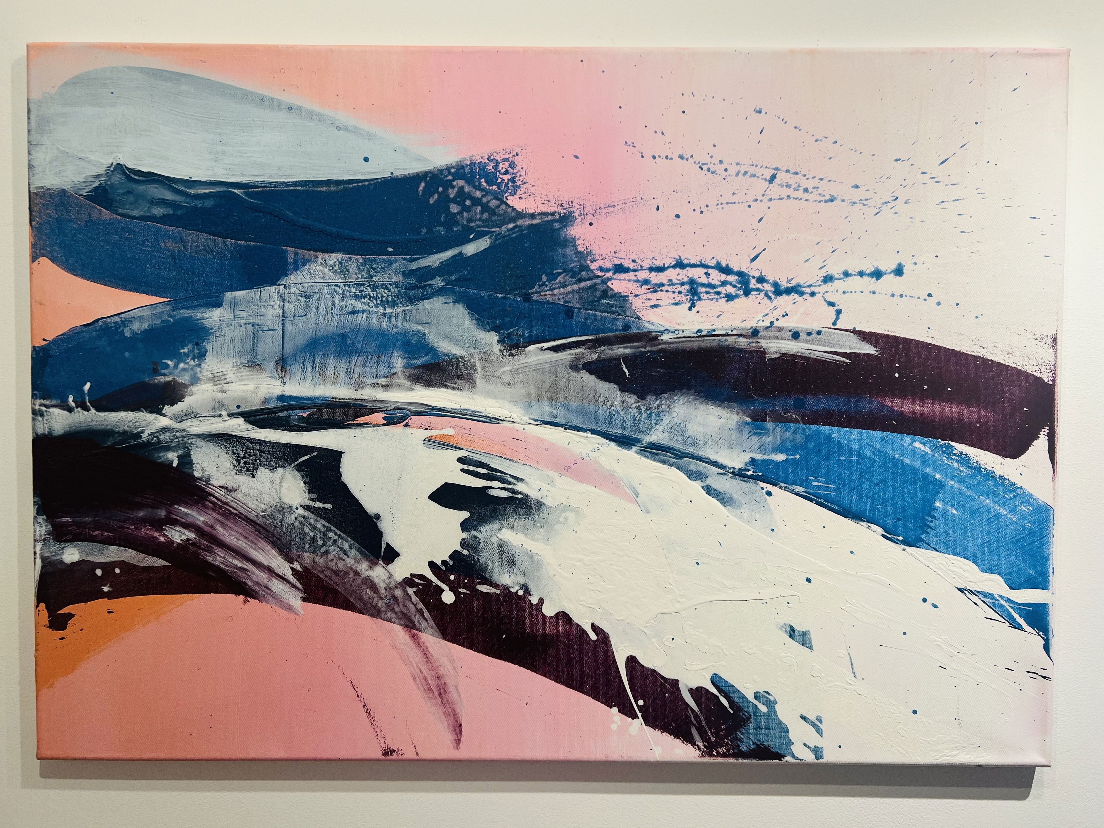 Acrylic on canvas abstraction in fluid pinks, blues, and whites, with dynamic streaks and textures showcasing movement and contrast, evoking serene yet powerful emotions. Artwork style - Abstrakt and technique Acryl auf Leinwand.