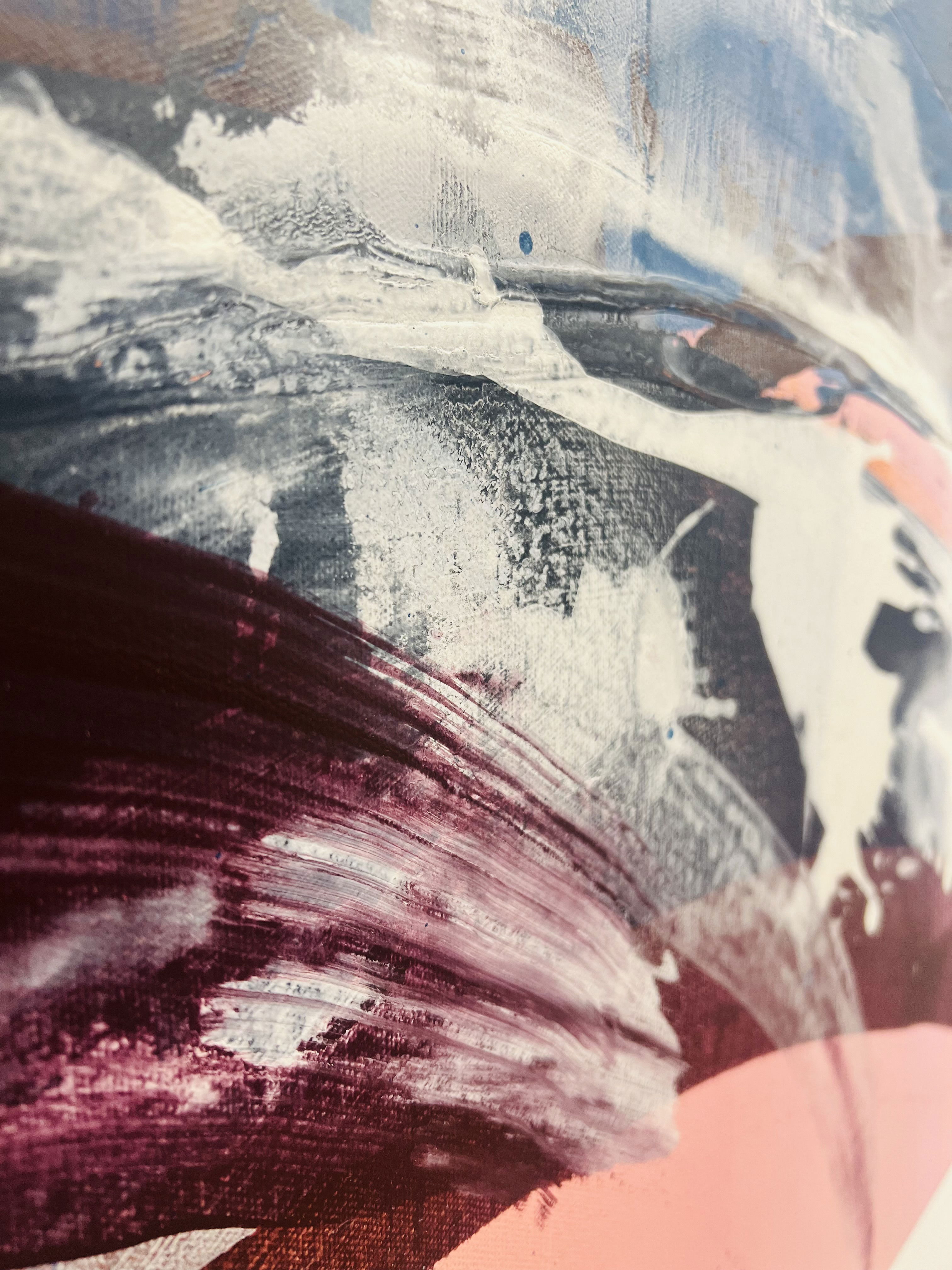 Dynamic abstract acrylic painting on canvas. Layers of pink, blue, and white swirl with fluidity, creating a serene yet vibrant interplay of textures, streaks, and contrasts. Artwork style - Abstrakt and technique Acryl auf Leinwand.