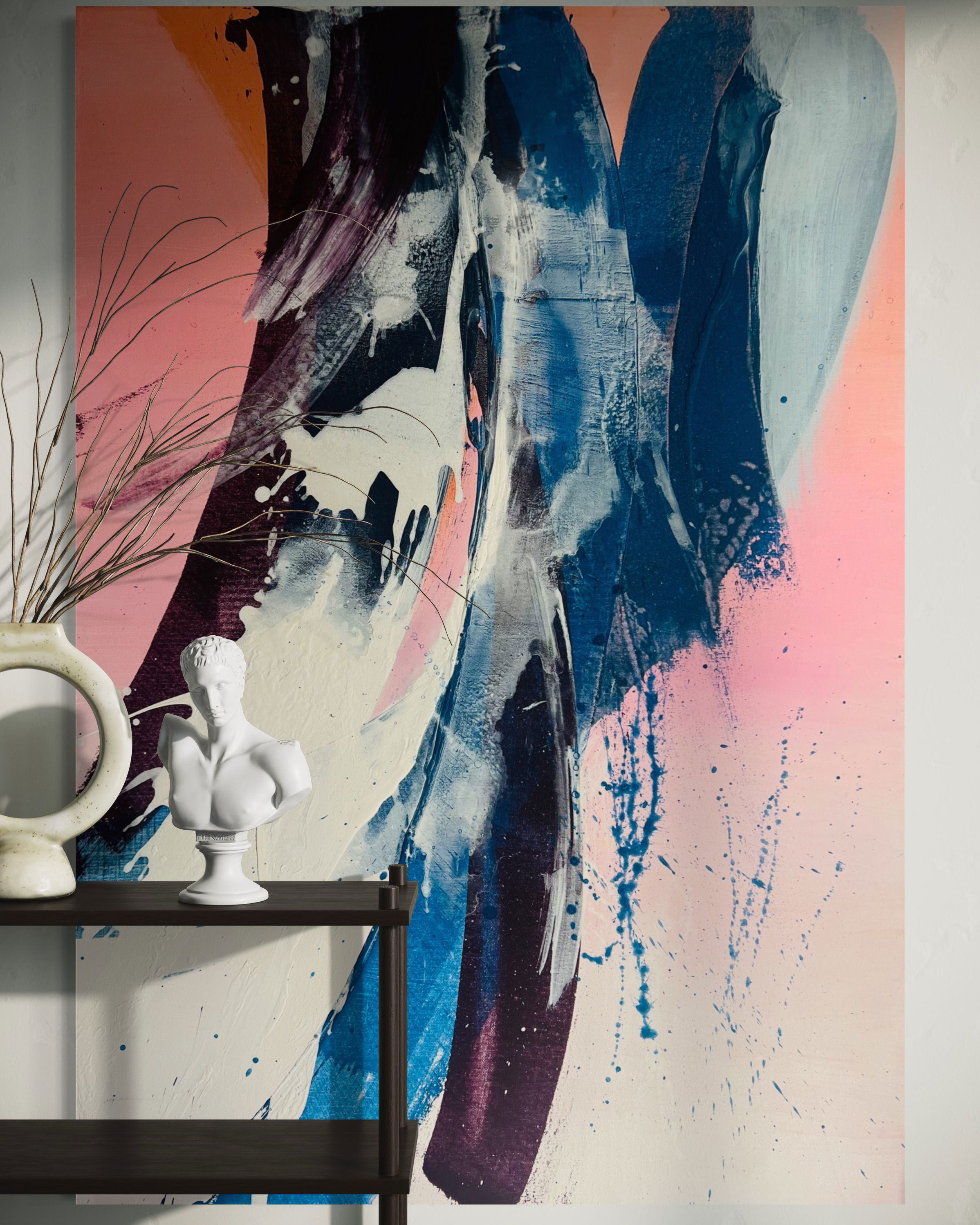 A dynamic abstract acrylic painting on canvas showcases fluid strokes of pink, blue, and white, evoking a sense of serene movement and layered texture perfect for a modern space. Artwork style - Abstrakt and technique Acryl auf Leinwand.