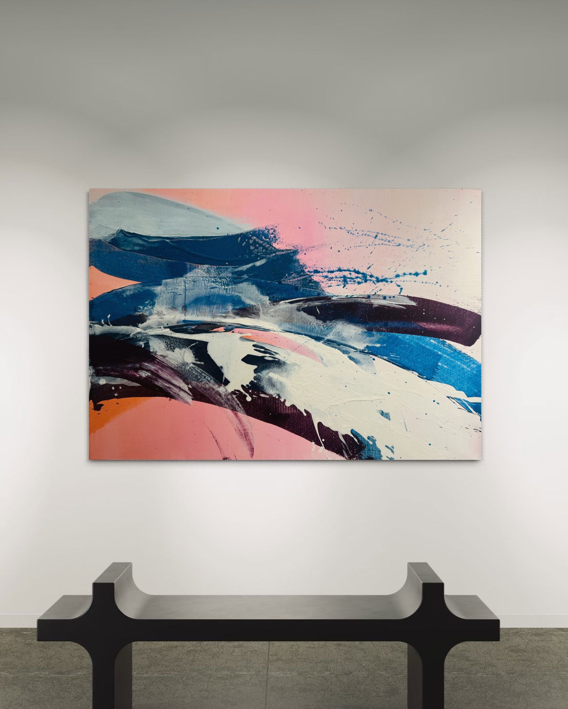 Abstract acrylic painting on canvas with fluid streaks of pink, blue, and white. The textured layers evoke a sense of dynamic movement and serene interplay of colors. Artwork style - Abstrakt and technique Acryl auf Leinwand.