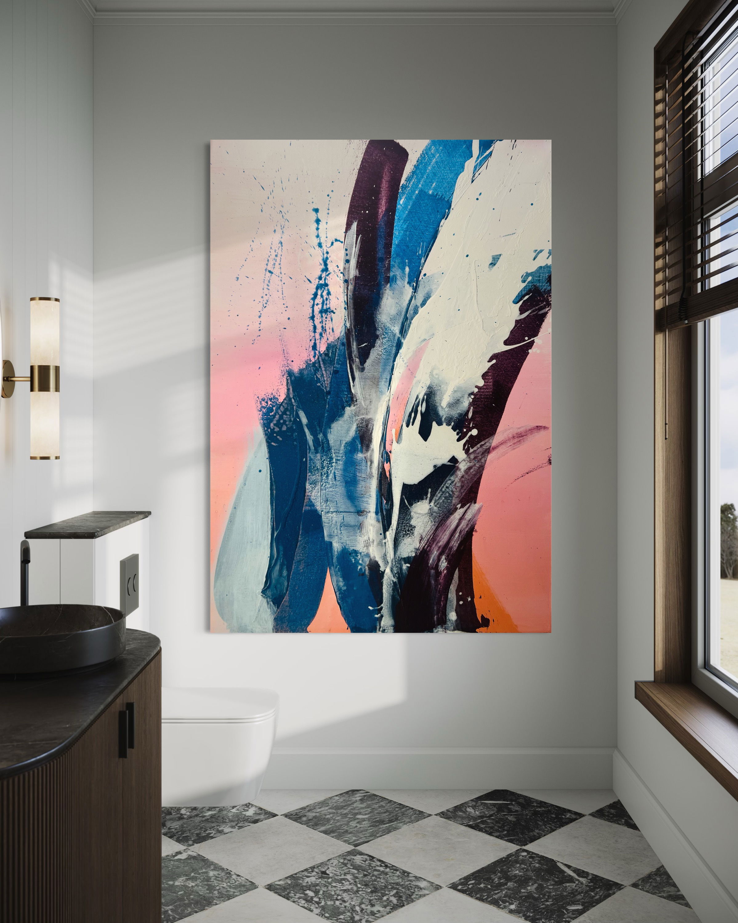 Dynamic abstract acrylic painting on canvas with fluid, layered streaks of pink, blue, and white hues, creating a serene yet expressive blend of movement and contrast. Artwork style - Abstrakt and technique Acryl auf Leinwand.