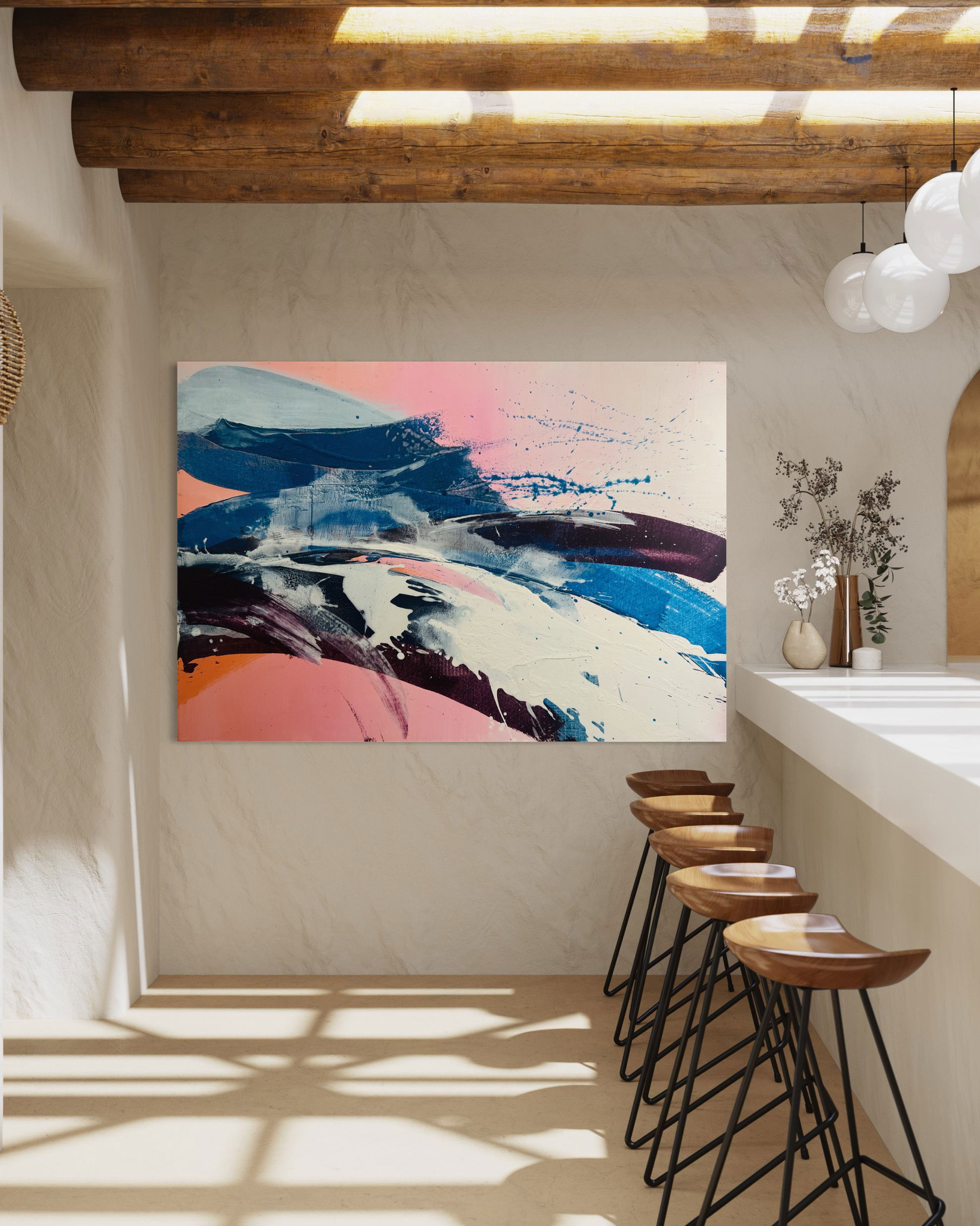 Dynamic abstract acrylic painting on canvas, blending fluid pinks, blues, and whites into layered textures and vibrant streaks, evoking serene movement and contemporary expression. Artwork style - Abstrakt and technique Acryl auf Leinwand.