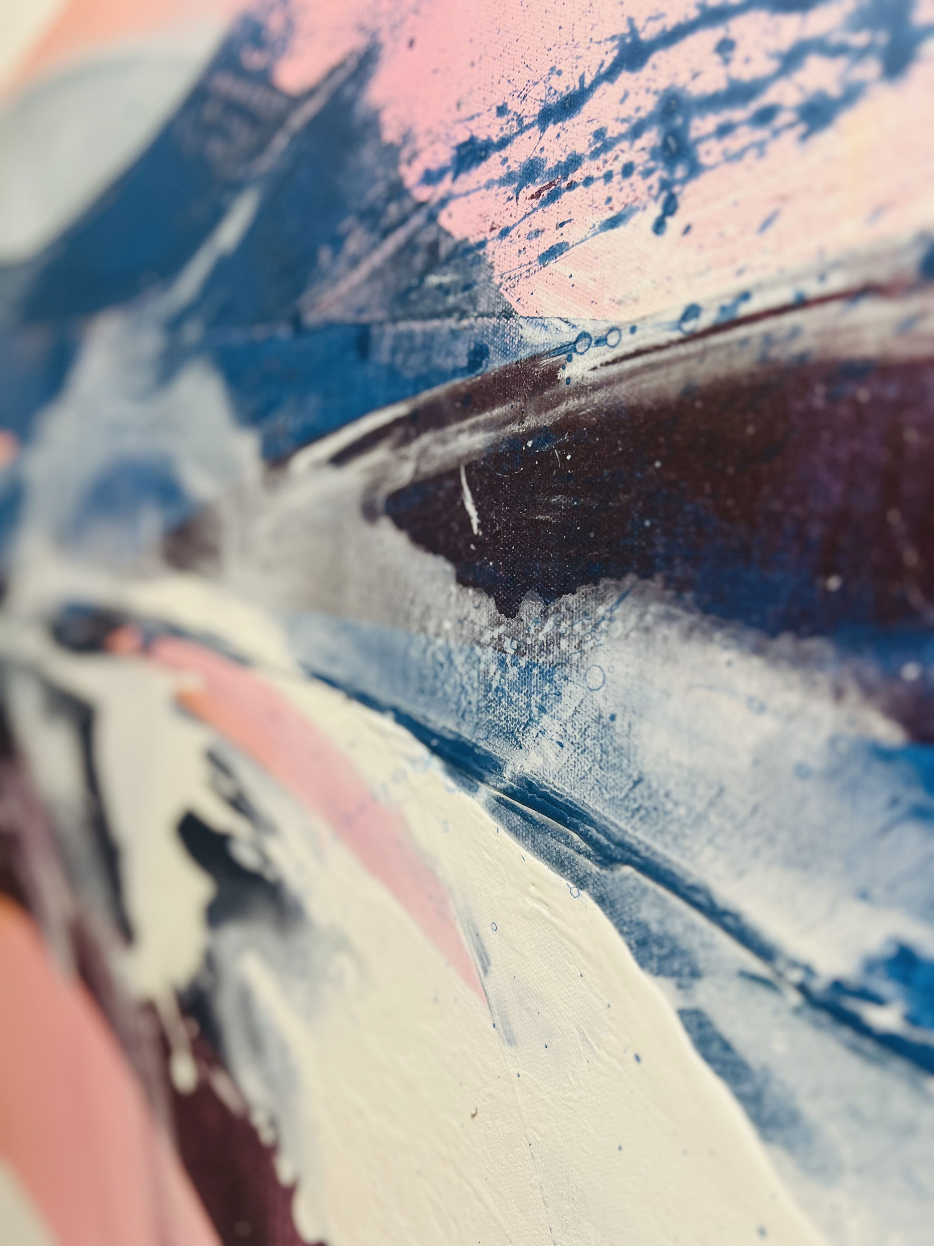 The abstract acrylic on canvas depicts fluidity and movement, with pink, blue, and white streaks mingling dynamically, creating a serene yet vibrant interplay of textures and contrasts. Artwork style - Abstrakt and technique Acryl auf Leinwand.