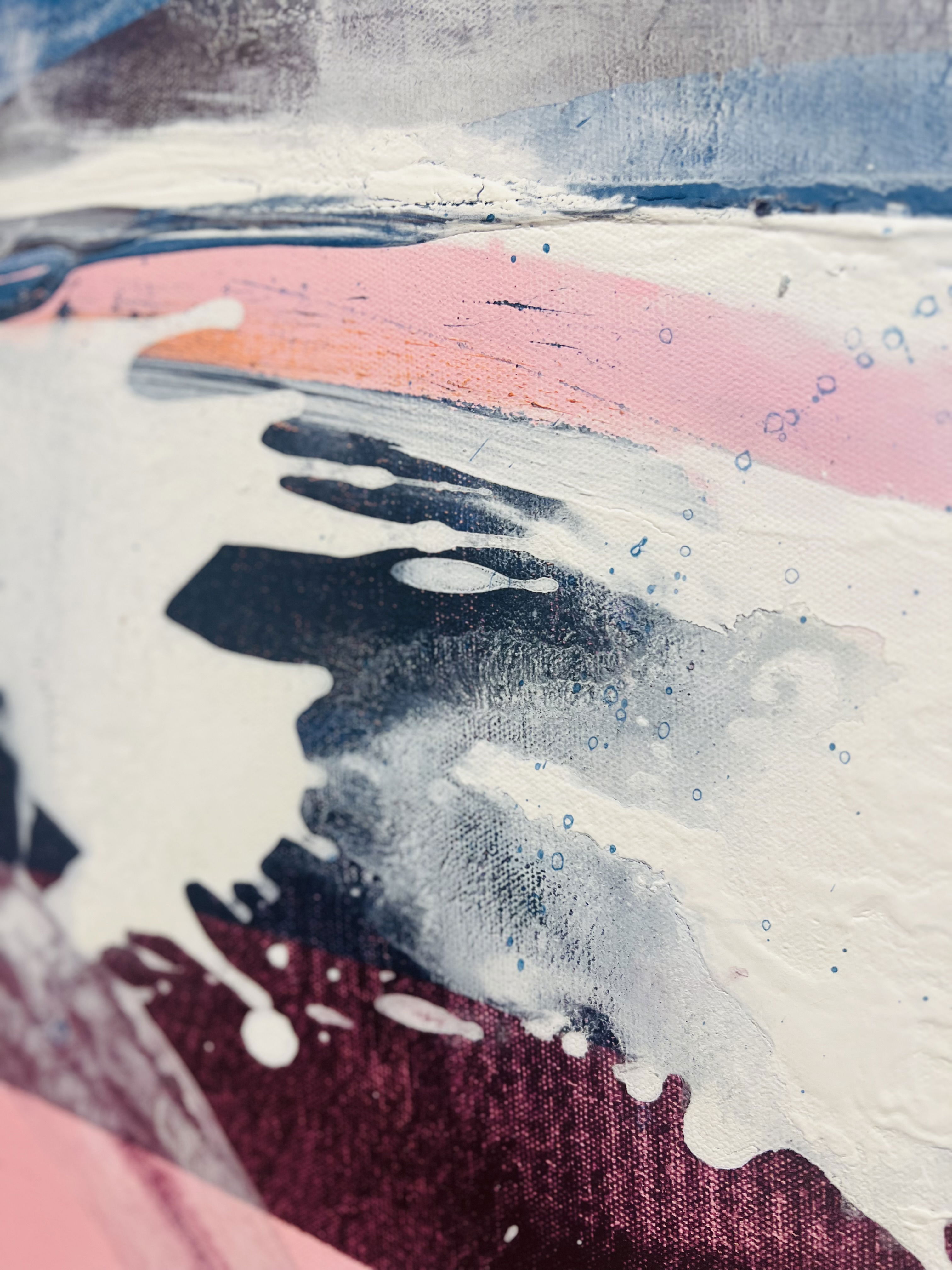 Abstract acrylic on canvas blending pink, blue, and white hues with dynamic streaks and splashes, capturing fluidity and movement in a contemporary, serene interplay of texture. Artwork style - Abstrakt and technique Acryl auf Leinwand.