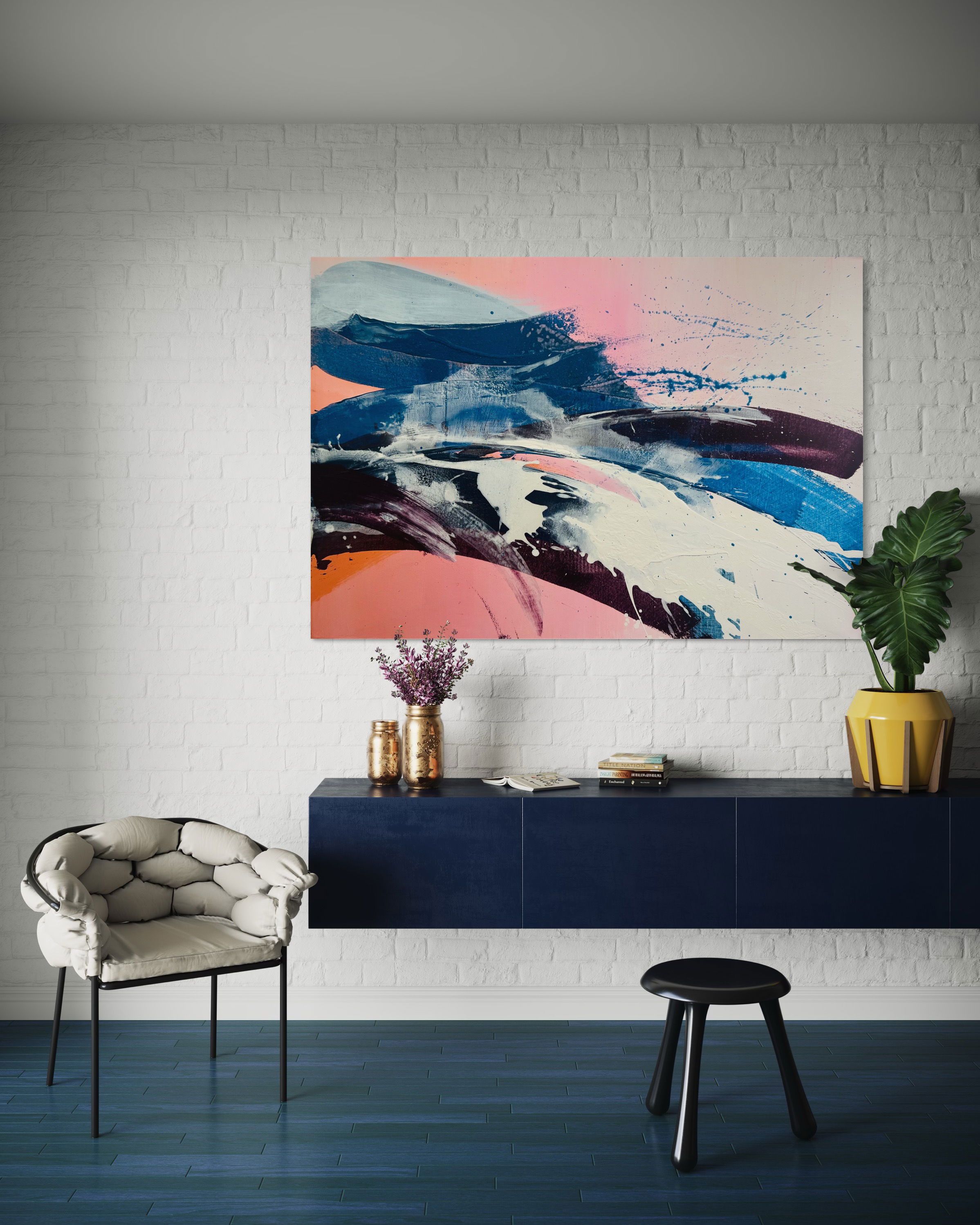 Abstract acrylic painting with fluid blue, pink, and white swirls on canvas, evoking dynamic movement and serene interplay of textures, blending contemporary expressiveness. Artwork style - Abstrakt and technique Acryl auf Leinwand.