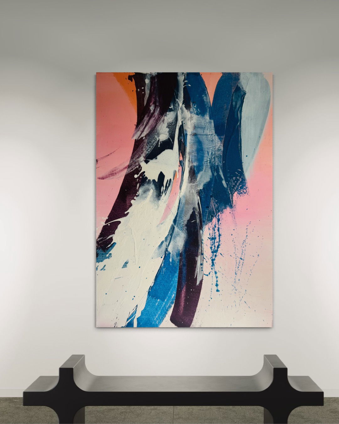 Abstract acrylic painting on canvas showcasing fluid, dynamic streaks in pink, blue, and white hues, capturing a sense of serene movement and textured layers. Artwork style - Abstrakt and technique Acryl auf Leinwand.