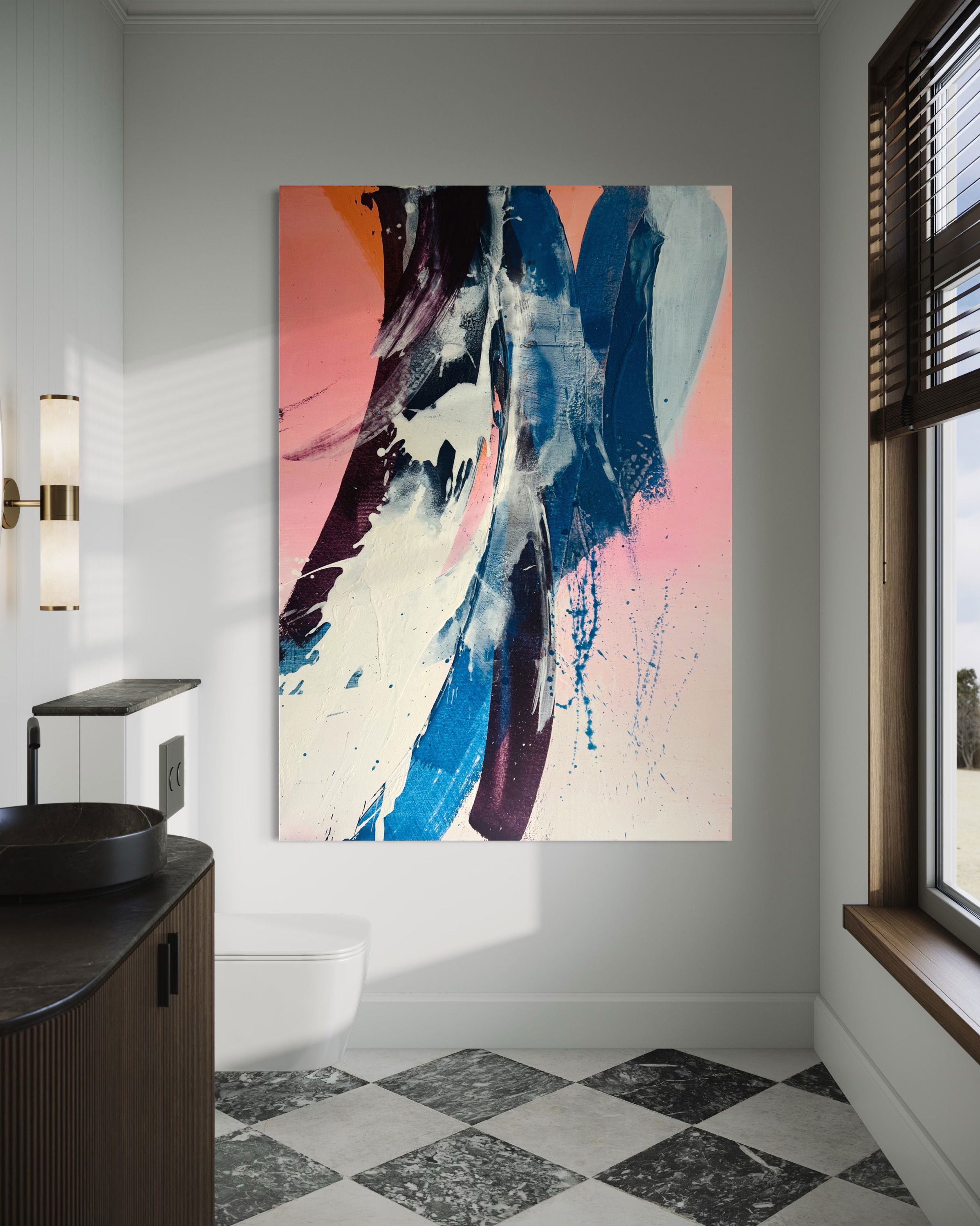 A dynamic abstract acrylic painting on canvas, showcasing vibrant streaks of pink, blue, and white. The fluidity and texture express movement and serene interplay. Artwork style - Abstrakt and technique Acryl auf Leinwand.