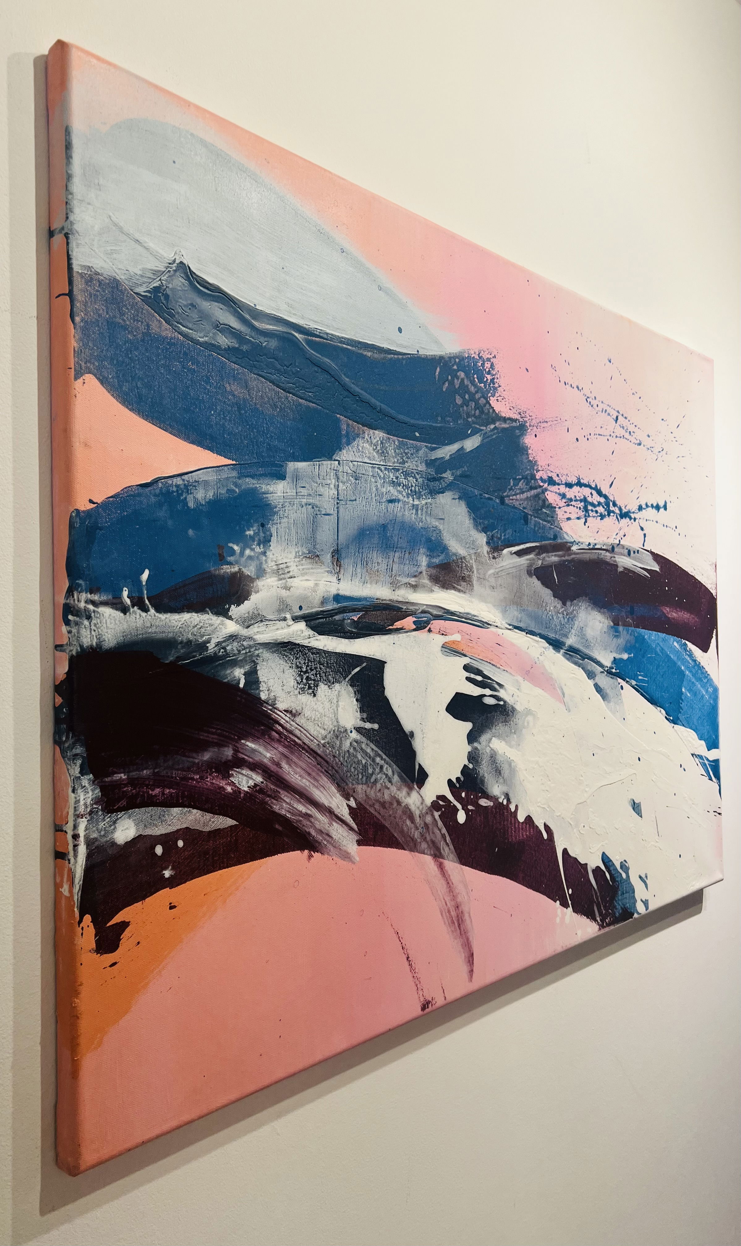 Abstract acrylic on canvas with fluid strokes of pink, blue, and white. Dynamic layers and textures create a serene interplay, evoking movement and contemporary expression. Artwork style - Abstrakt and technique Acryl auf Leinwand.