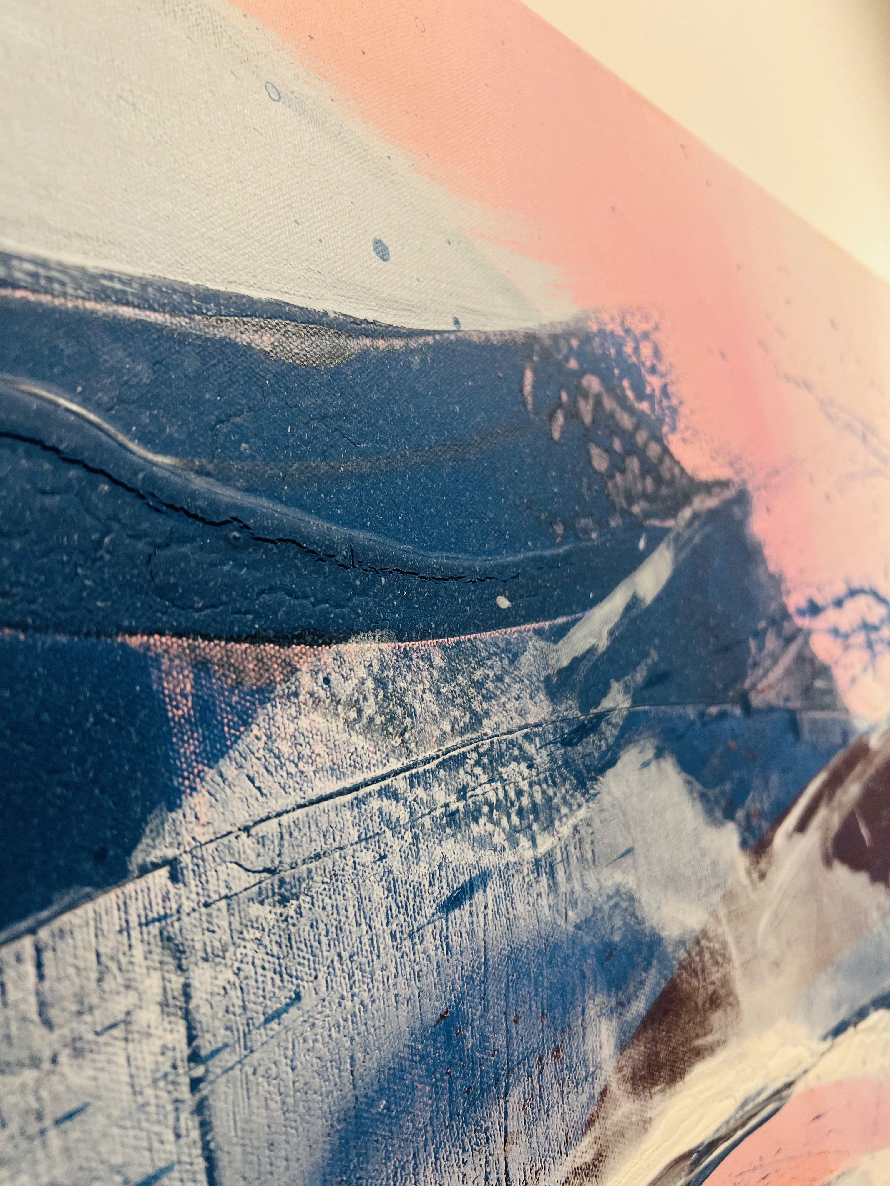 A vibrant abstract acrylic painting on canvas, showcasing fluid hues of pink, blue, and white creating dynamic layers and textures, evoking serene movement and contemporary expression. Artwork style - Abstrakt and technique Acryl auf Leinwand.