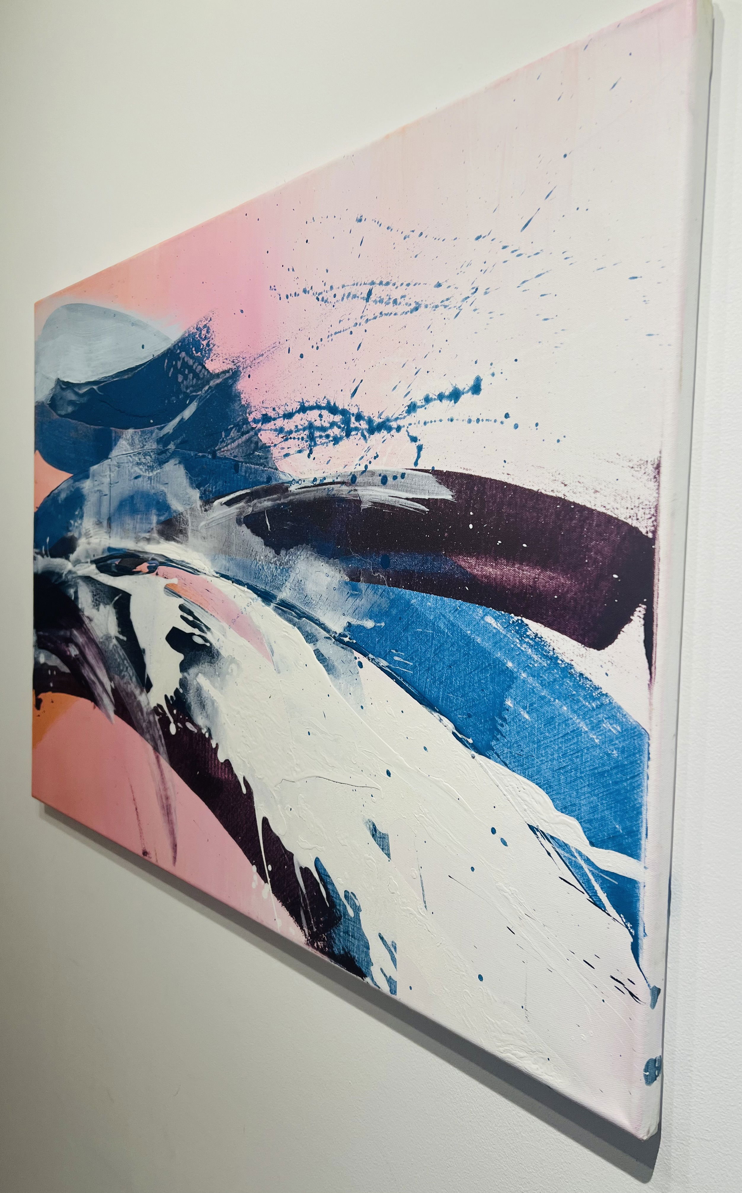 Dynamic abstract acrylic artwork on canvas featuring fluid pink, blue, and white streaks, creating a serene interplay of texture and movement. Contemporary and expressive. Artwork style - Abstrakt and technique Acryl auf Leinwand.