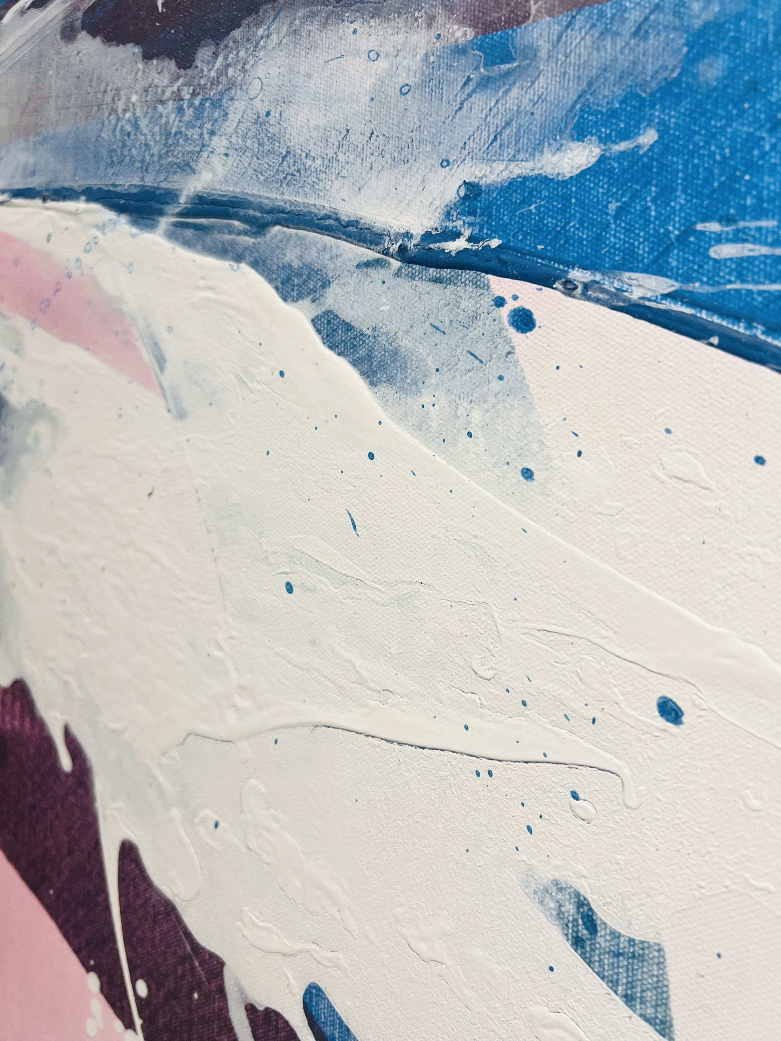 Abstract acrylic painting on canvas showcasing fluidity with bold splashes of blue, pink, and white. Layered textures and dynamic streaks create a serene and contemporary expression. Artwork style - Abstrakt and technique Acryl auf Leinwand.