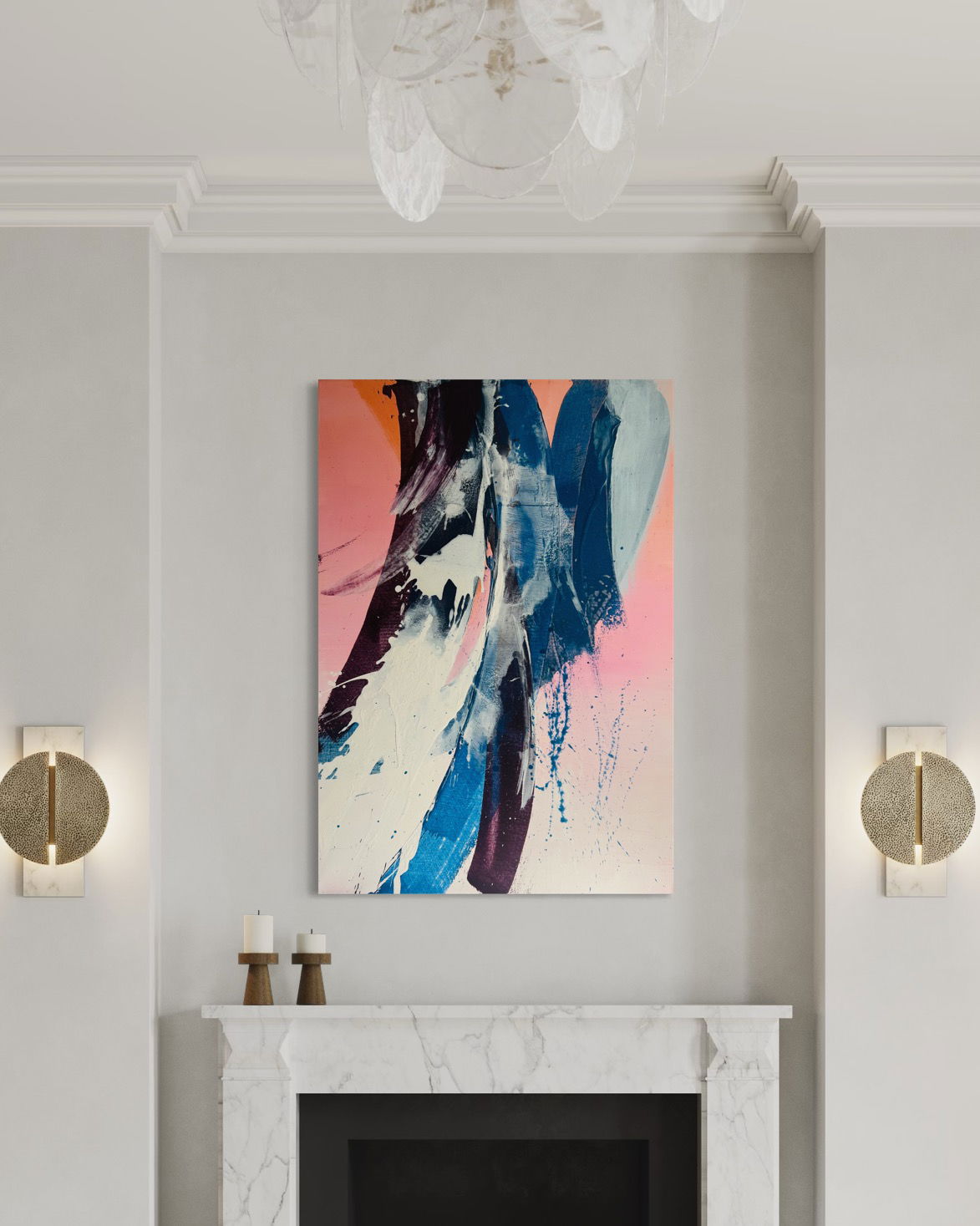 Dynamic acrylic abstraction on canvas featuring fluid streaks of blue, pink, and white, creating a serene interplay of texture and movement with contemporary contrast. Artwork style - Abstrakt and technique Acryl auf Leinwand.