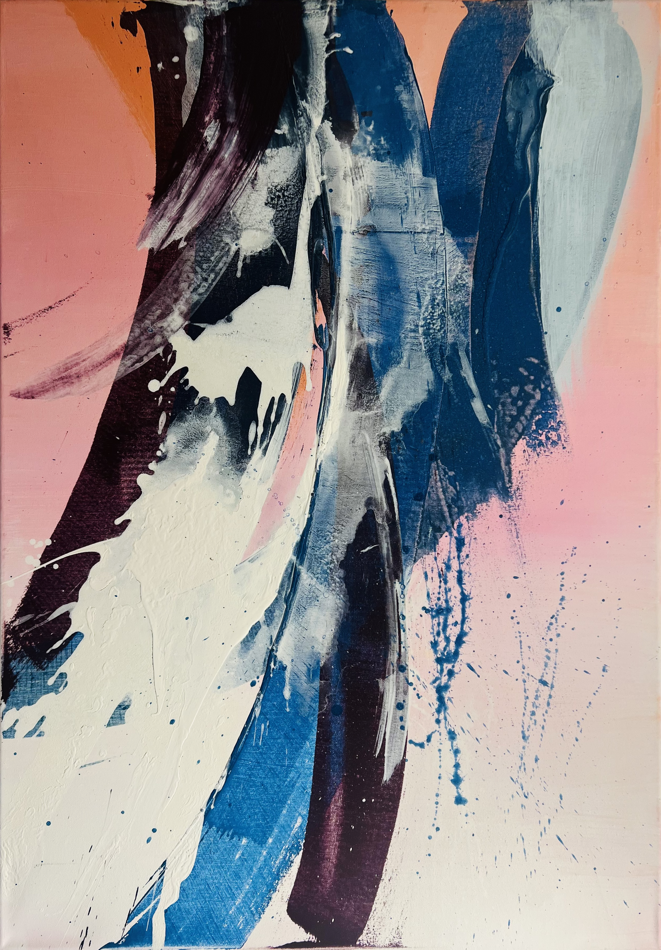 Abstract acrylic on canvas with dynamic, fluid brushstrokes in pink, blue, and white, evoking a serene interplay of texture and movement, creating a contemporary visual odyssey. Artwork style - Abstrakt and technique Acryl auf Leinwand.