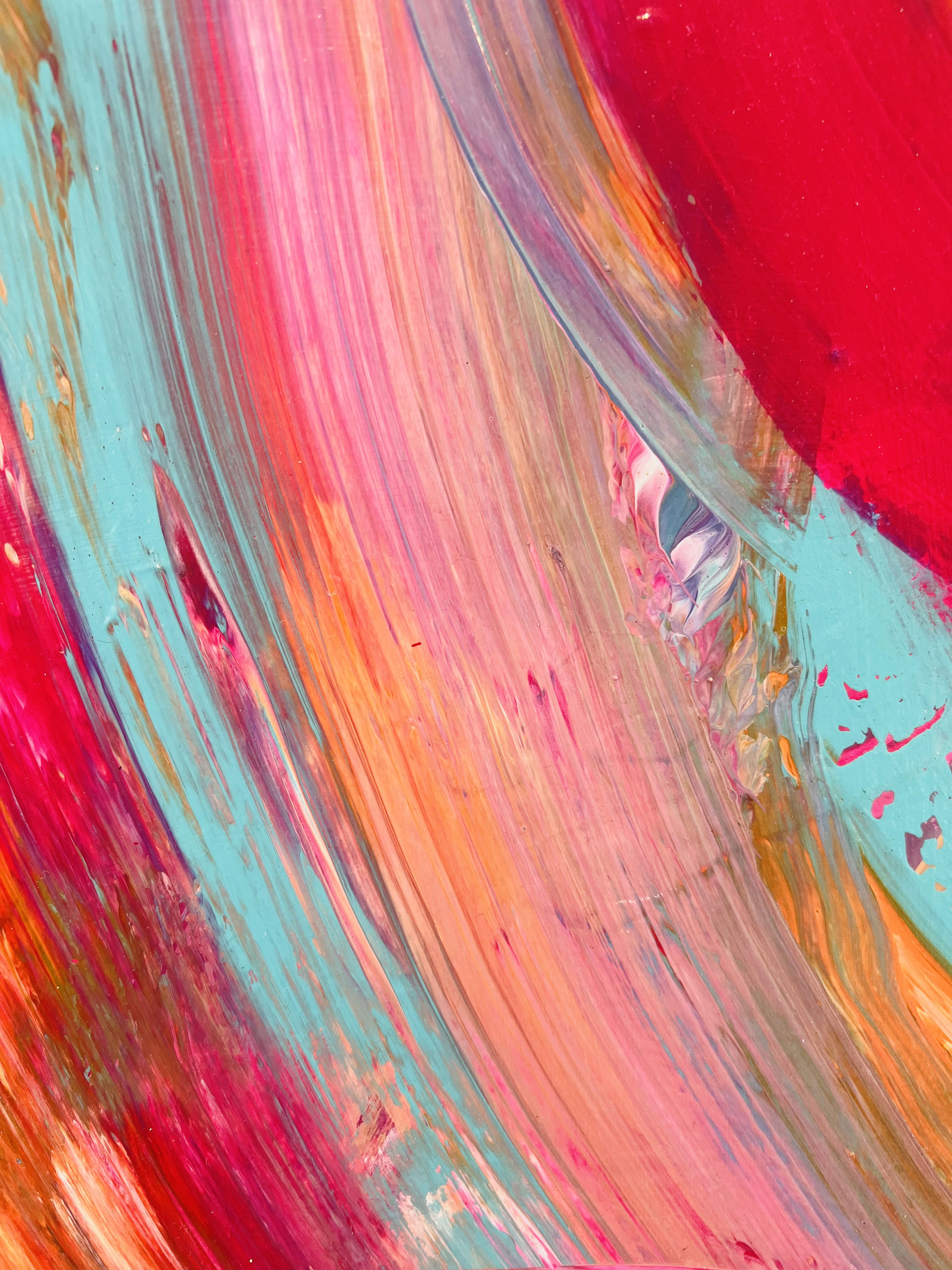 Acrylic on canvas abstract art with dynamic swirls of teal, crimson, and coral brushstrokes, radiating fluidity, energy, and vibrant contrast. Artwork style is Abstrakt and technique Acryl auf Leinwand.