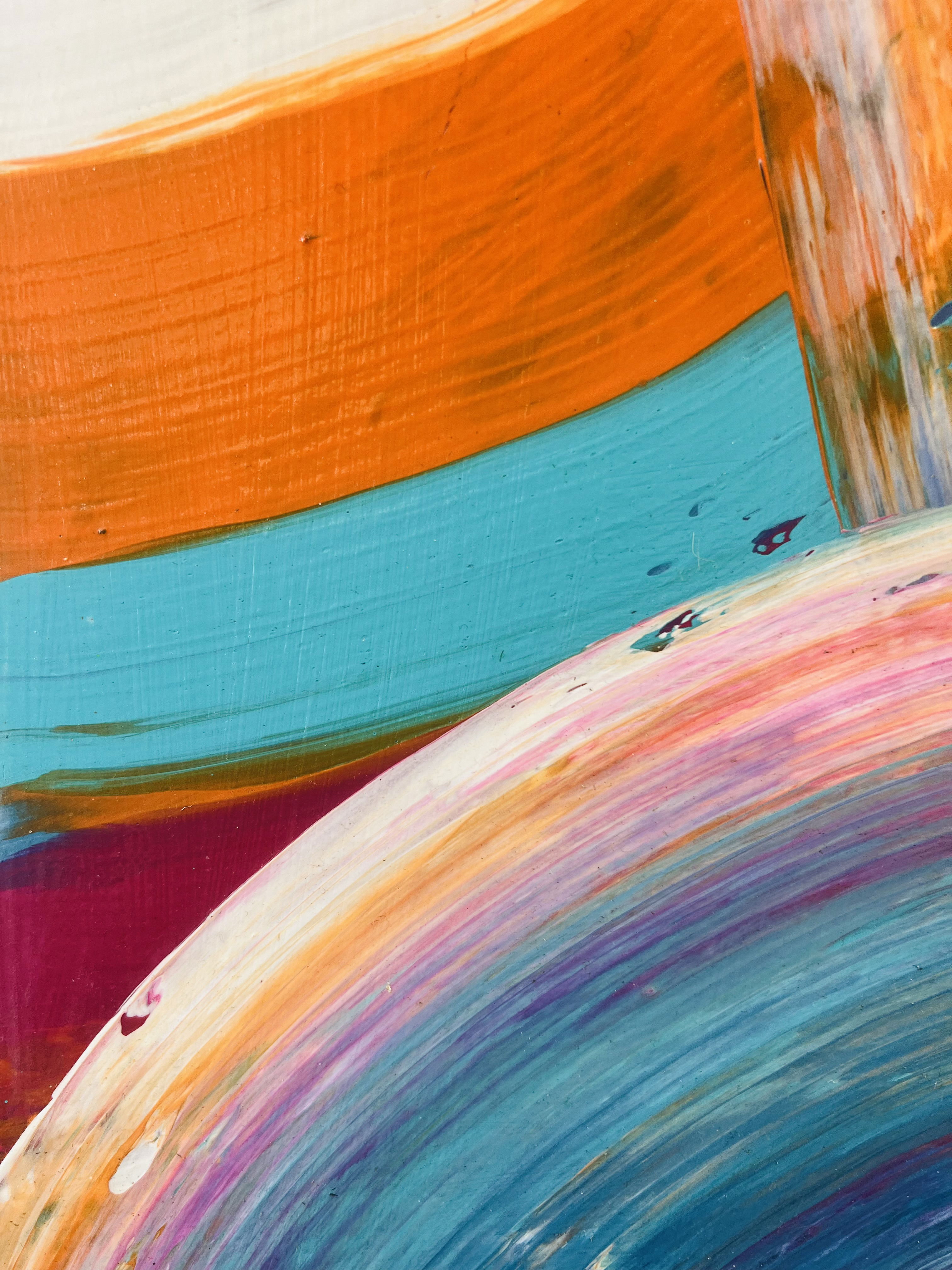 Abstract acrylic on canvas displays vibrant brushstrokes in teal, crimson, and coral; capturing motion, fluidity, and swirling energy in a harmonious dance of colors. Artwork style is Abstrakt and technique Acryl auf Leinwand.