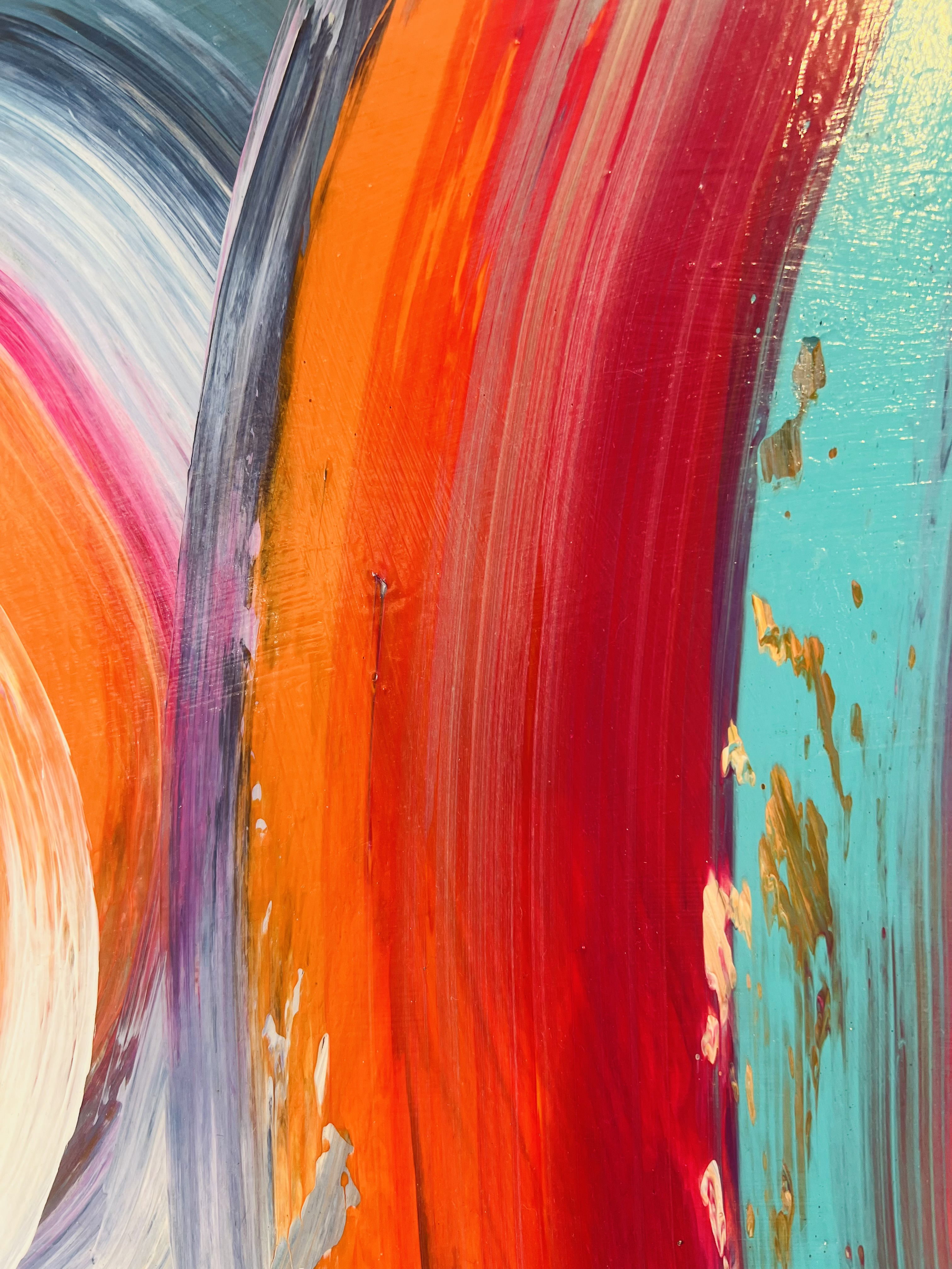 A vibrant abstract acrylic artwork on canvas featuring dynamic swirls of teal, crimson, coral, and magenta with textured brushstrokes and fluid gradients. Artwork style is Abstrakt and technique Acryl auf Leinwand.