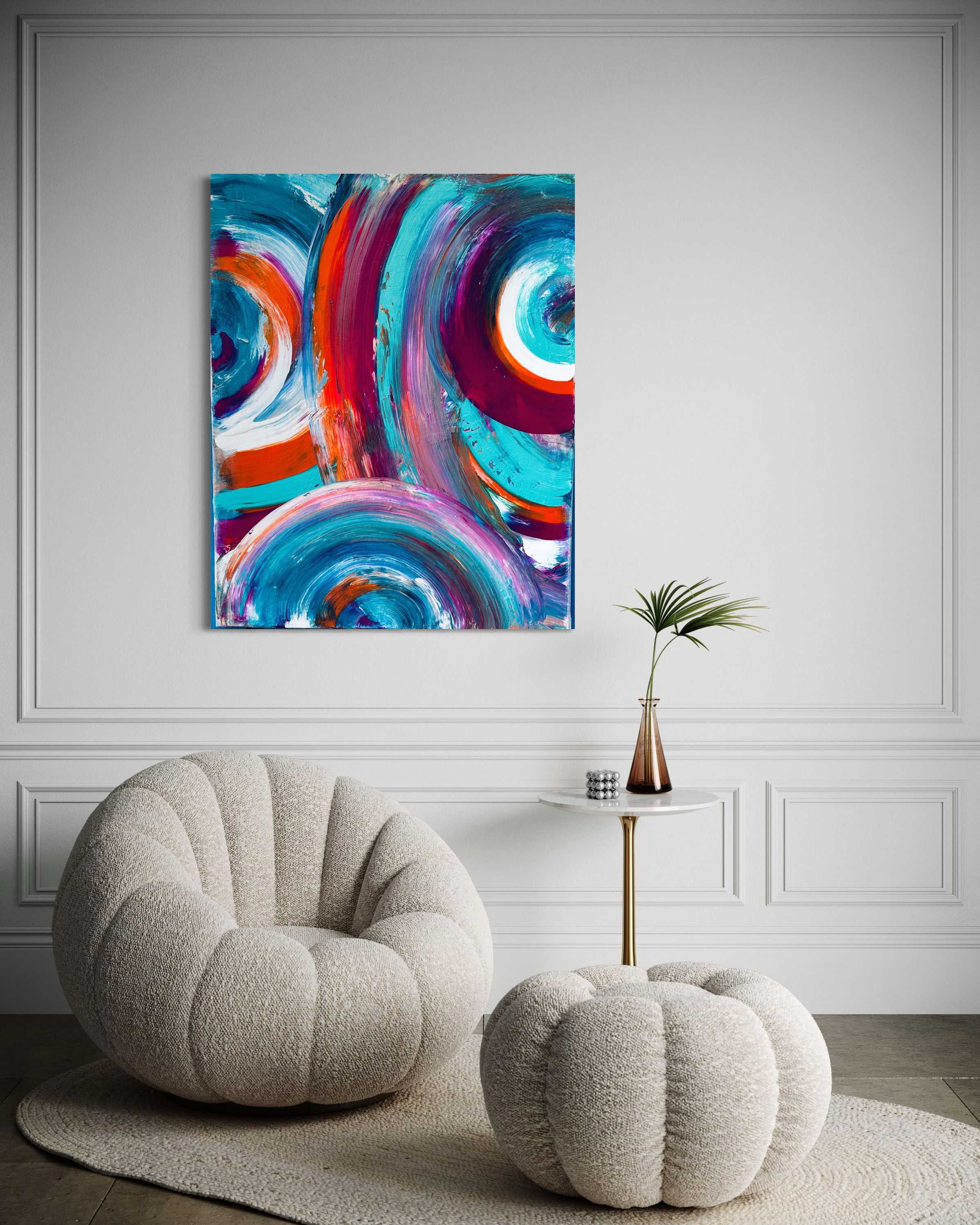 Acrylic abstract painting on canvas, showcasing vibrant swirls of teal, crimson, and coral, rich in texture and fluidity, encapsulating dynamism and passion. Artwork style is Abstrakt and technique Acryl auf Leinwand.