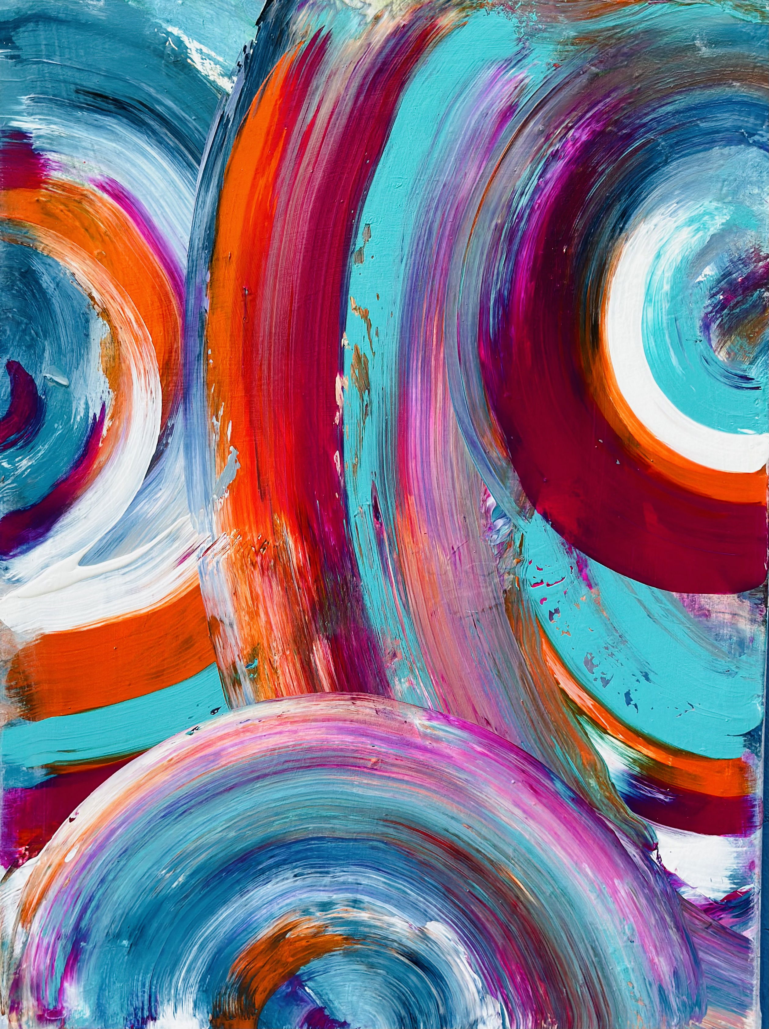 A vibrant acrylic abstraction with dynamic swirls in teal, crimson, and magenta, creating a harmonious vortex of fluid motion and energetic brushstrokes. Artwork style is Abstrakt and technique Acryl auf Leinwand.