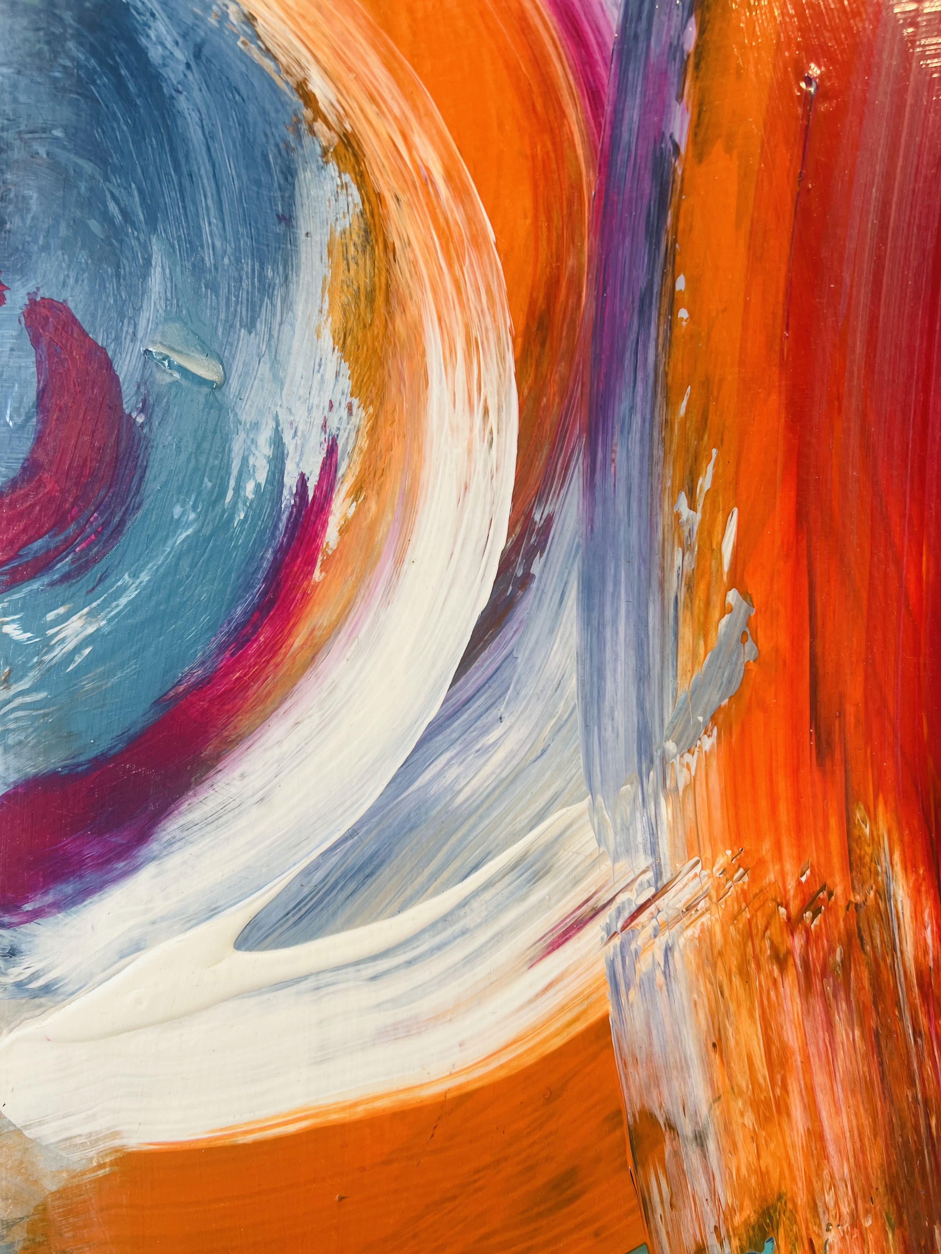 Abstract acrylic on canvas with swirling brushstrokes in teal, crimson, coral, and magenta, evoking motion, vibrancy, and dynamic fluidity in vibrant contrast. Artwork style is Abstrakt and technique Acryl auf Leinwand.