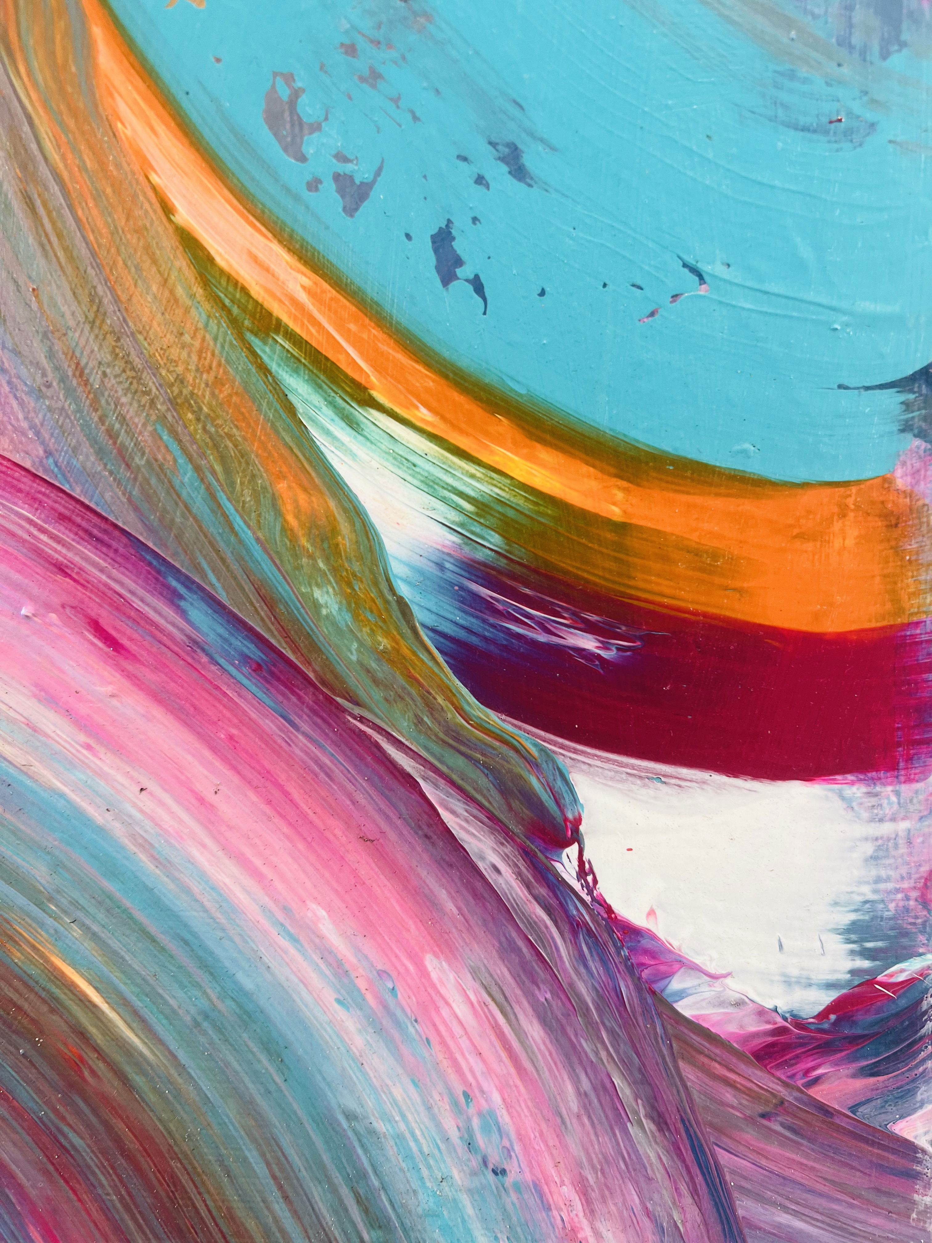 An abstract acrylic painting with dynamic swirls of teal, crimson, coral, magenta, and orange, capturing fluidity, vibrancy, and energetic brushstrokes on canvas. Artwork style is Abstrakt and technique Acryl auf Leinwand.