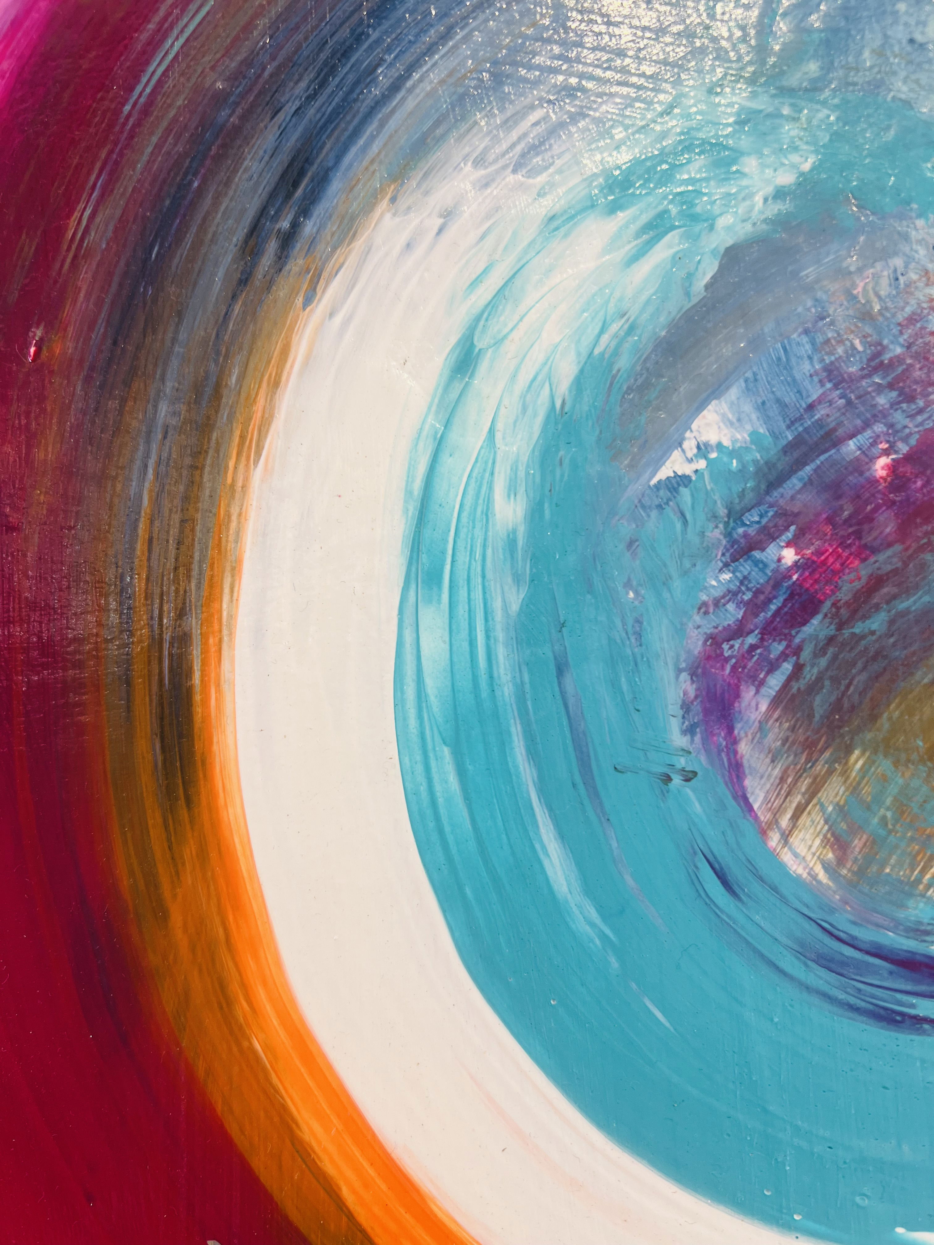 Abstract acrylic artwork featuring vibrant swirls of teal, crimson, and magenta, exuding dynamic motion, fluidity, and an energetic harmony of contrasting colors. Artwork style is Abstrakt and technique Acryl auf Leinwand.