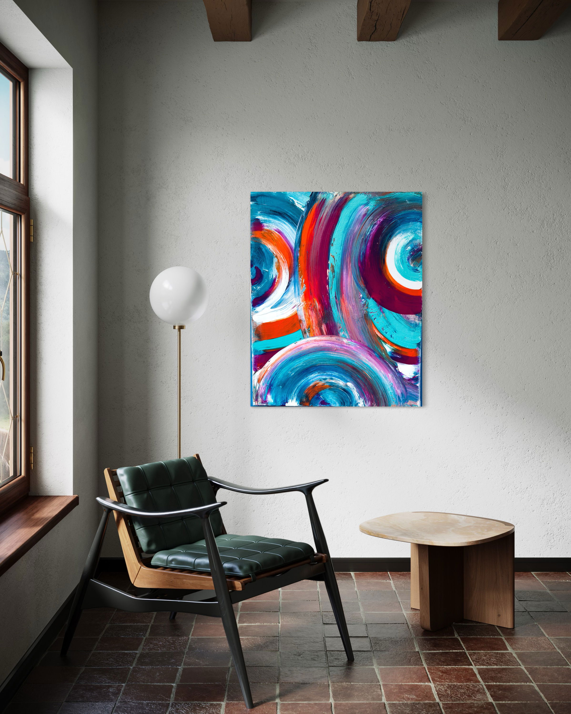 Abstract acrylic artwork showcasing vibrant swirls of teal, crimson, and coral, harmoniously intertwined with dynamic brushstrokes, evoking motion and fluidity. Artwork style is Abstrakt and technique Acryl auf Leinwand.