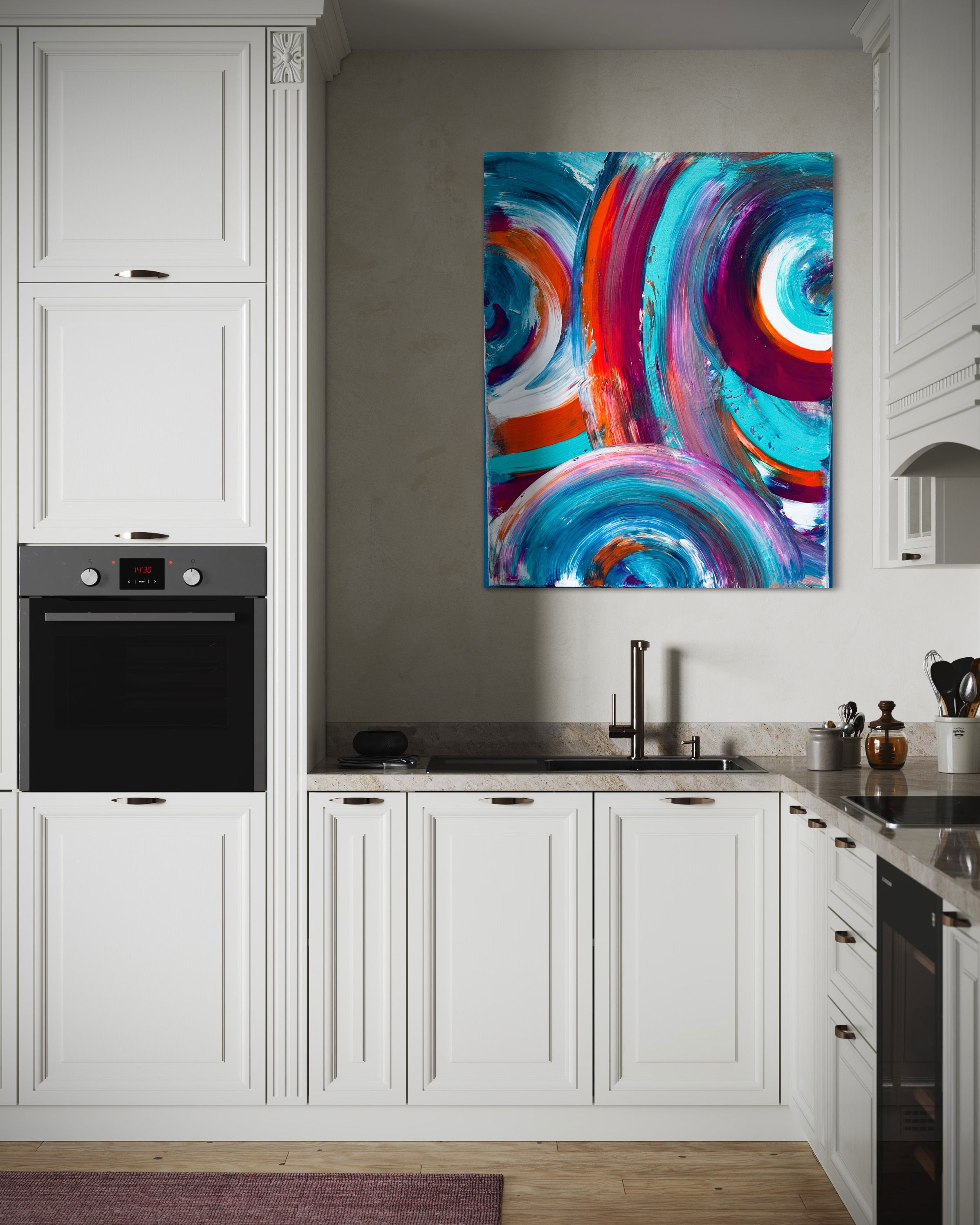 A vibrant acrylic abstract on canvas featuring dynamic swirls of teal, crimson, coral, and magenta, embodying fluidity, contrast, and expressive brushstrokes. Artwork style is Abstrakt and technique Acryl auf Leinwand.