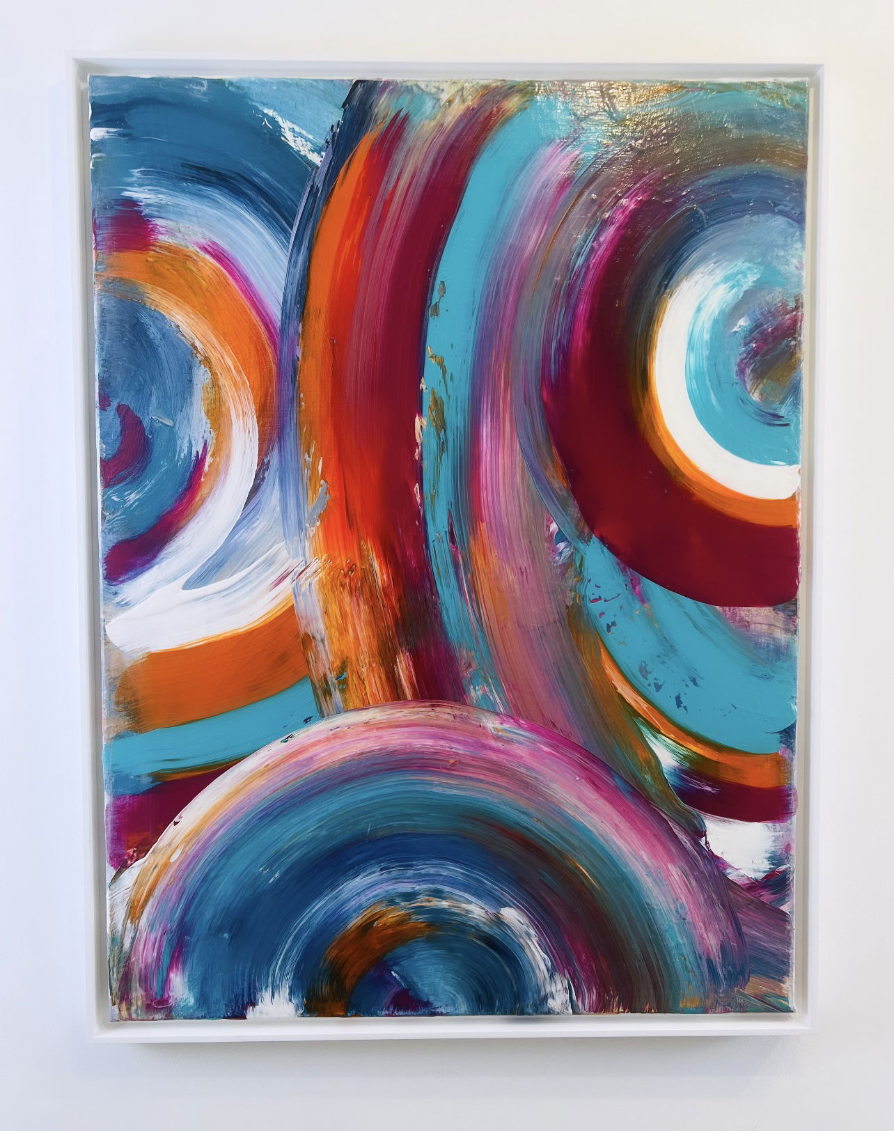 Acrylic abstract on canvas, vibrant swirls of teal, crimson, coral, and magenta. Dynamic brushstrokes create motion, fluidity, and layered textures, evoking passion. Artwork style is Abstrakt and technique Acryl auf Leinwand.