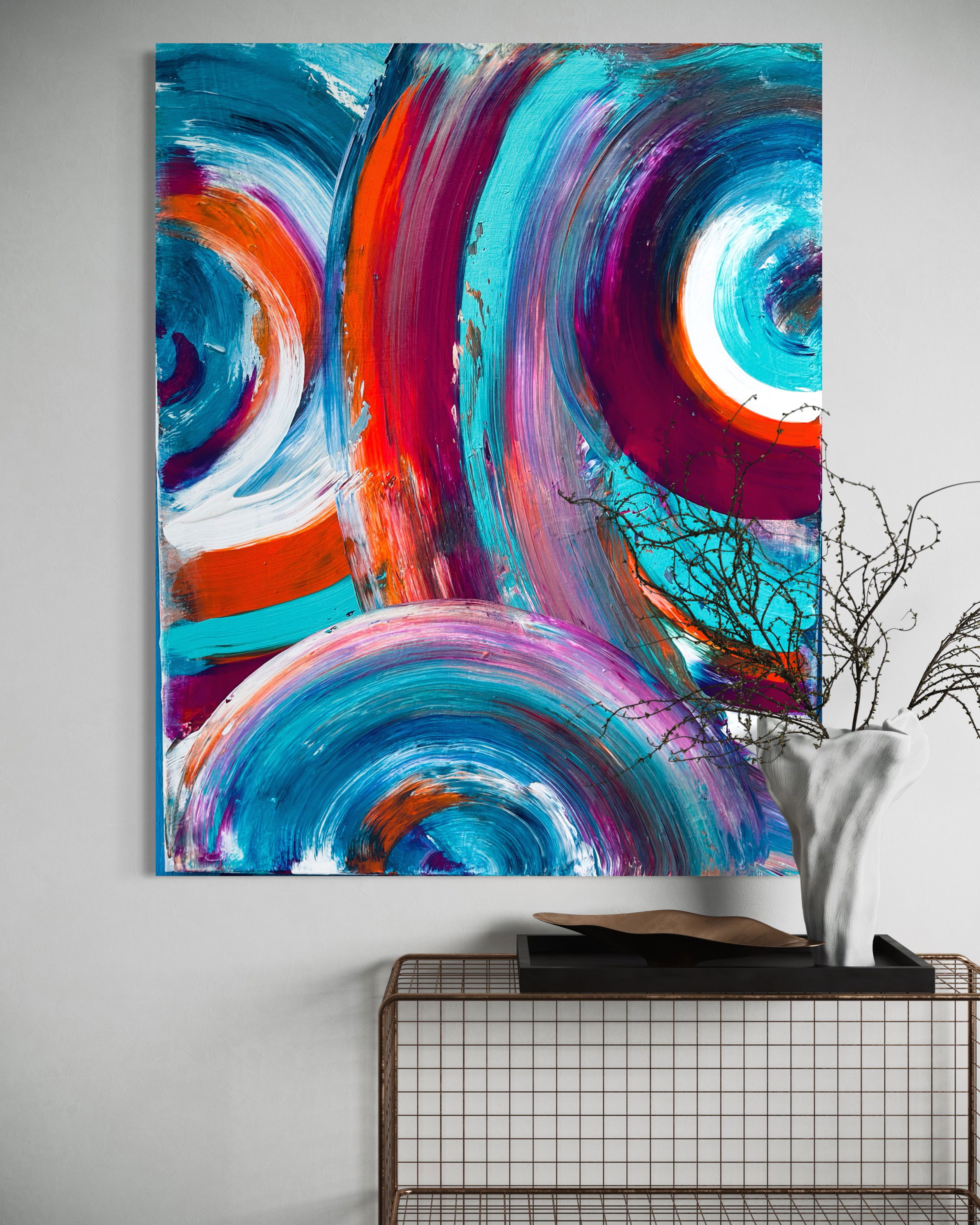 Dynamic abstract acrylic on canvas featuring vibrant swirls of teal, crimson, and magenta, evoking motion, passion, and harmonious fluidity in a textured embrace. Artwork style is Abstrakt and technique Acryl auf Leinwand.