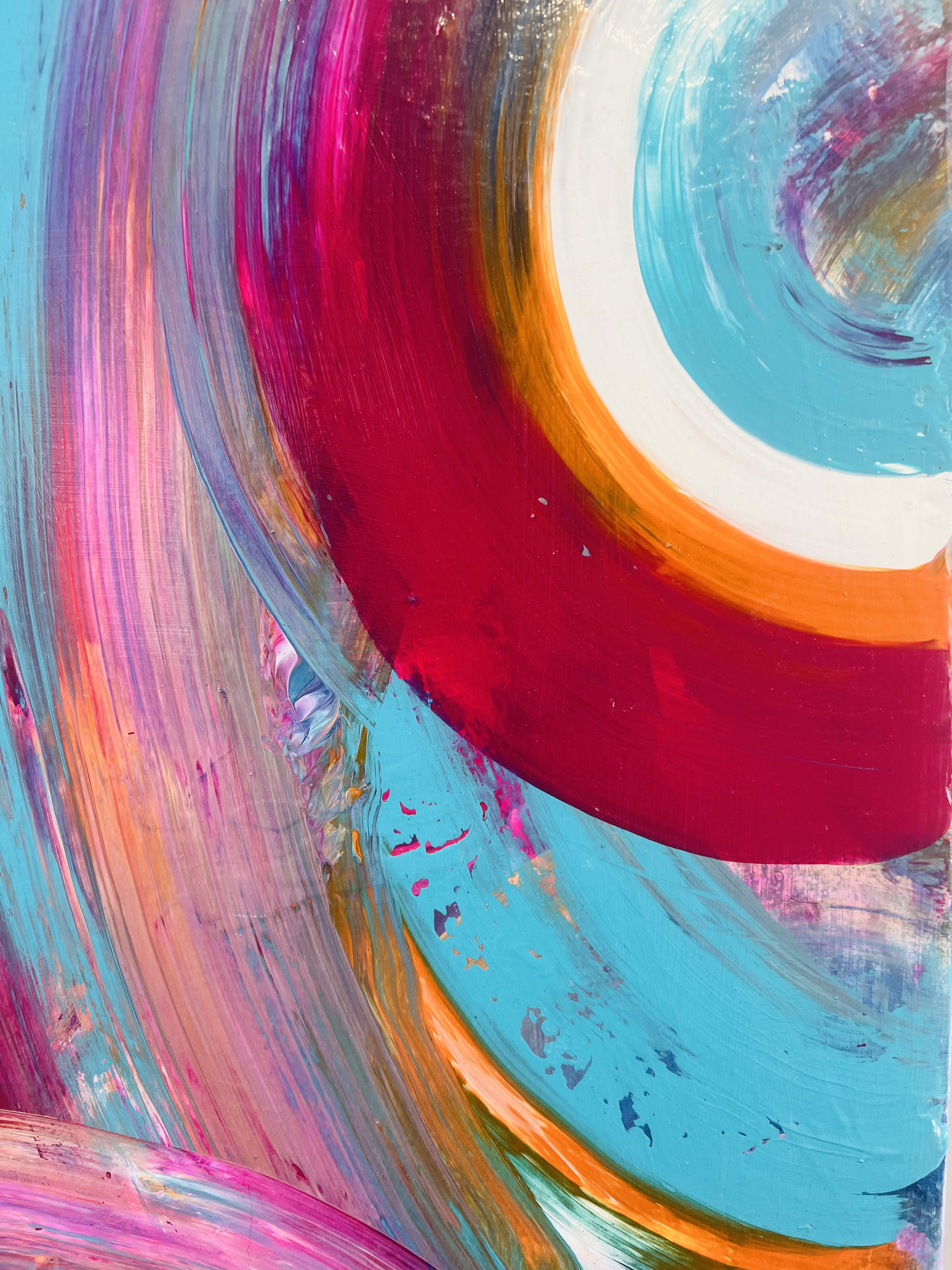 Abstract acrylic painting featuring vibrant swirls of teal, crimson, coral, and magenta. Dynamic brushstrokes create a fluid and energetic composition full of texture. Artwork style is Abstrakt and technique Acryl auf Leinwand.