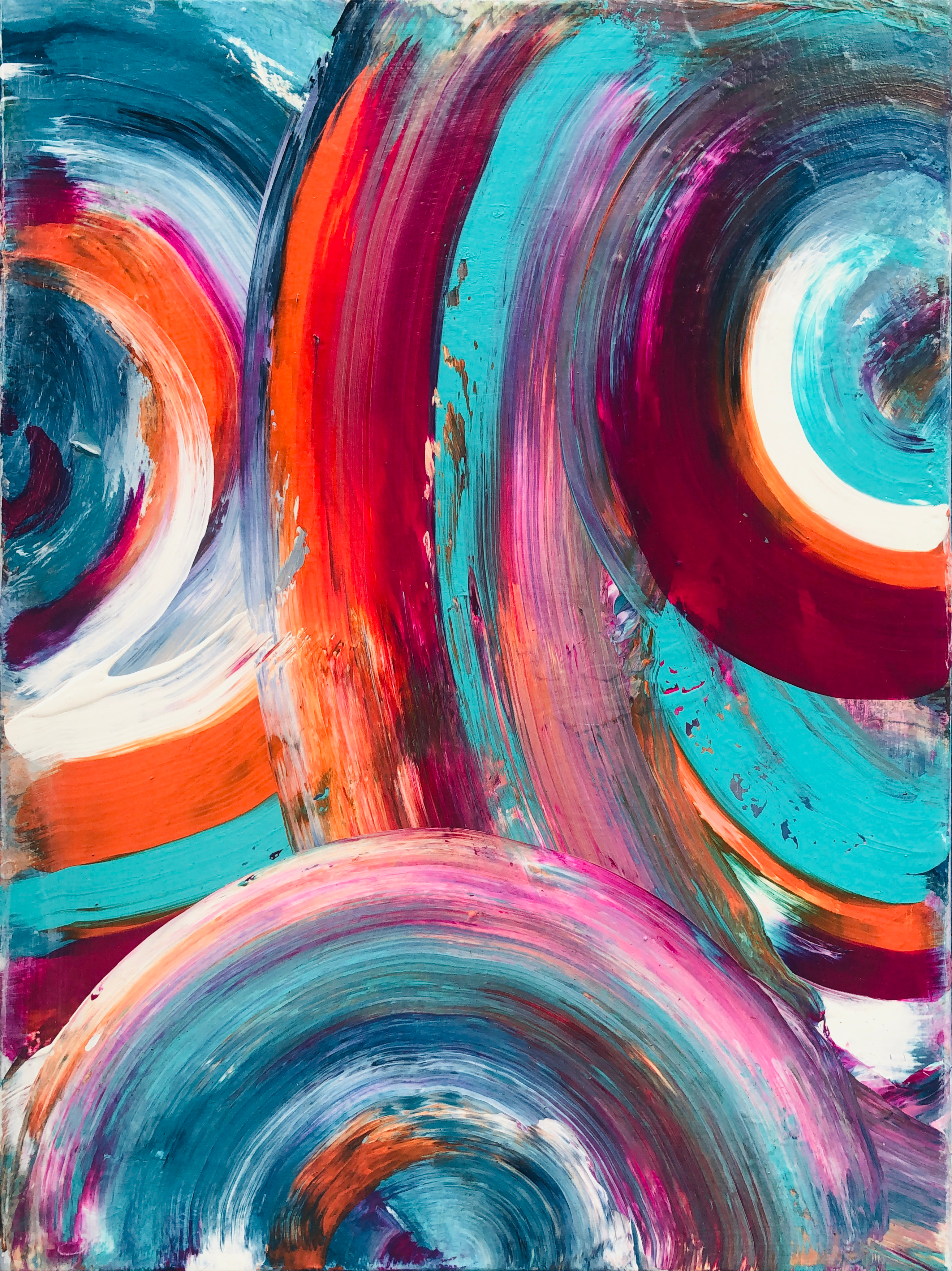 Abstract acrylic painting on canvas, showcasing vibrant swirls of teal, crimson, coral, and magenta, embodying fluidity and energetic brushstrokes. Artwork style is Abstrakt and technique Acryl auf Leinwand.