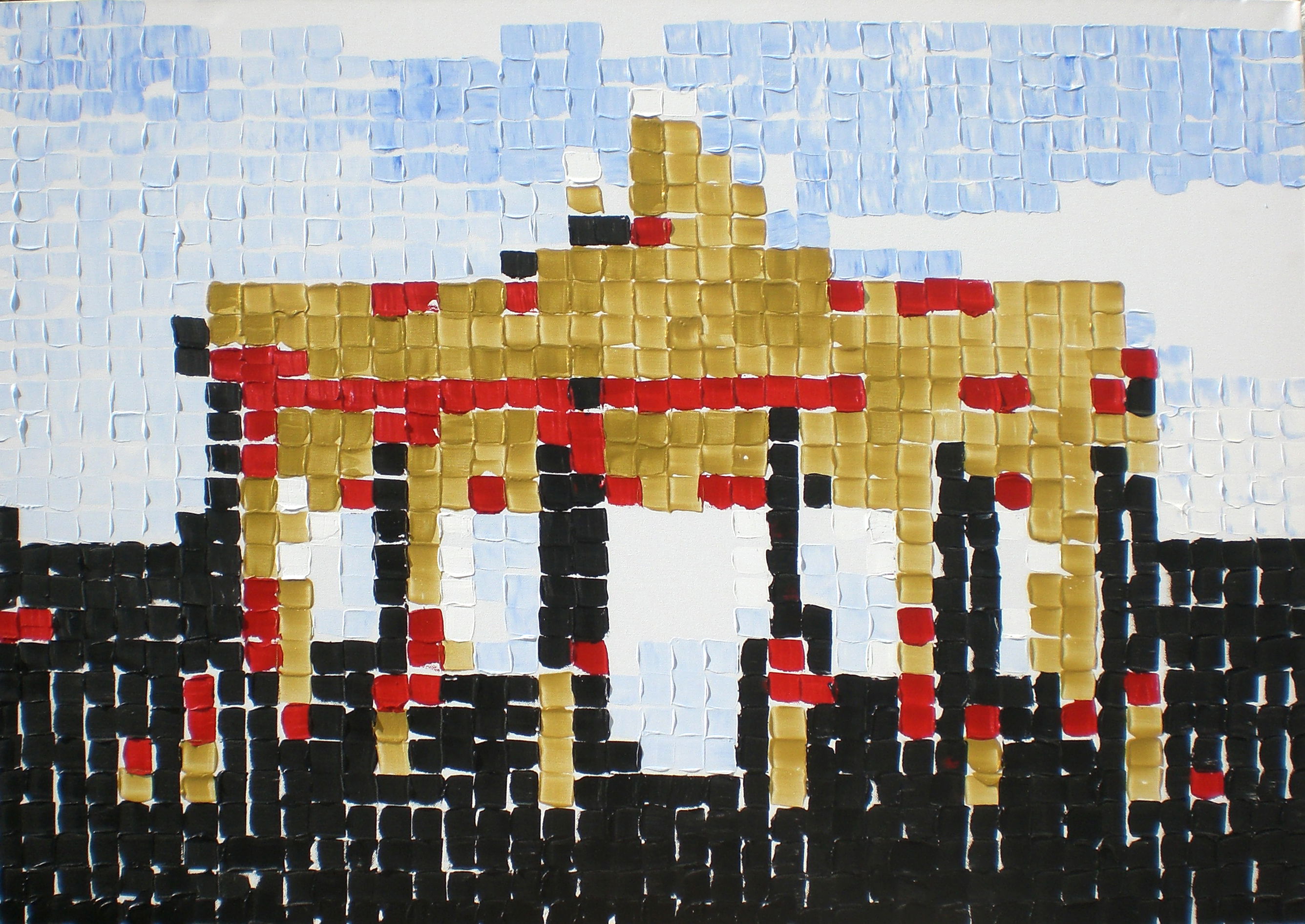 Pixel art mosaic with acrylic textures in red, black, gold, blue; geometric, modern abstract design. Pixelart  style, Acryl gespachtelt.