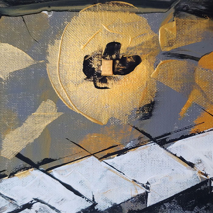 Expressionist artwork; figurative, abstract forms; dynamic textures; orange, yellow, gray palette with geometric depth and contrast. Figurativ, Expressionismus style, Spachteltechnik.