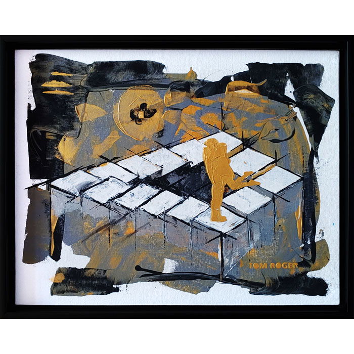 Figurative expressionism with orange figure on geometrical blocks, textured in gray, black, and white, embodying dynamic motion. Figurativ, Expressionismus style, Spachteltechnik.
