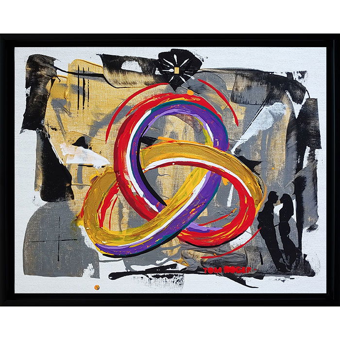 Expressionist vivid palette knife art intertwines red, yellow, purple shapes amid textured abstract figures on black-gray canvas. Figurativ, Expressionismus style, Spachteltechnik.